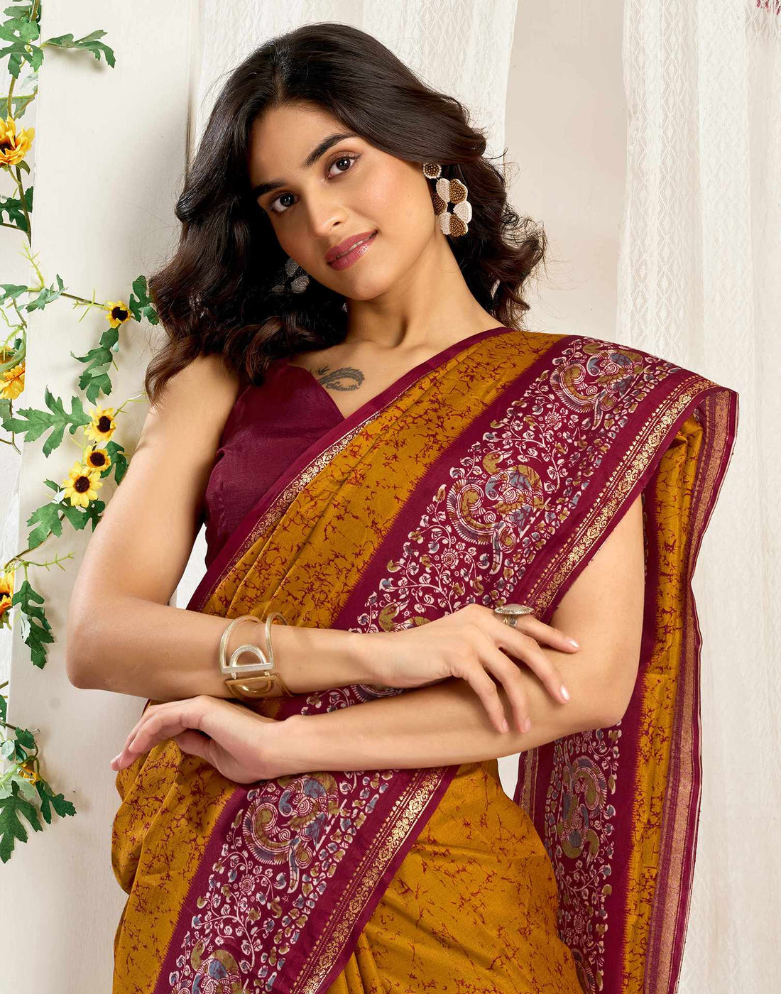 Muatard Yellow Dola Silk Printed Saree