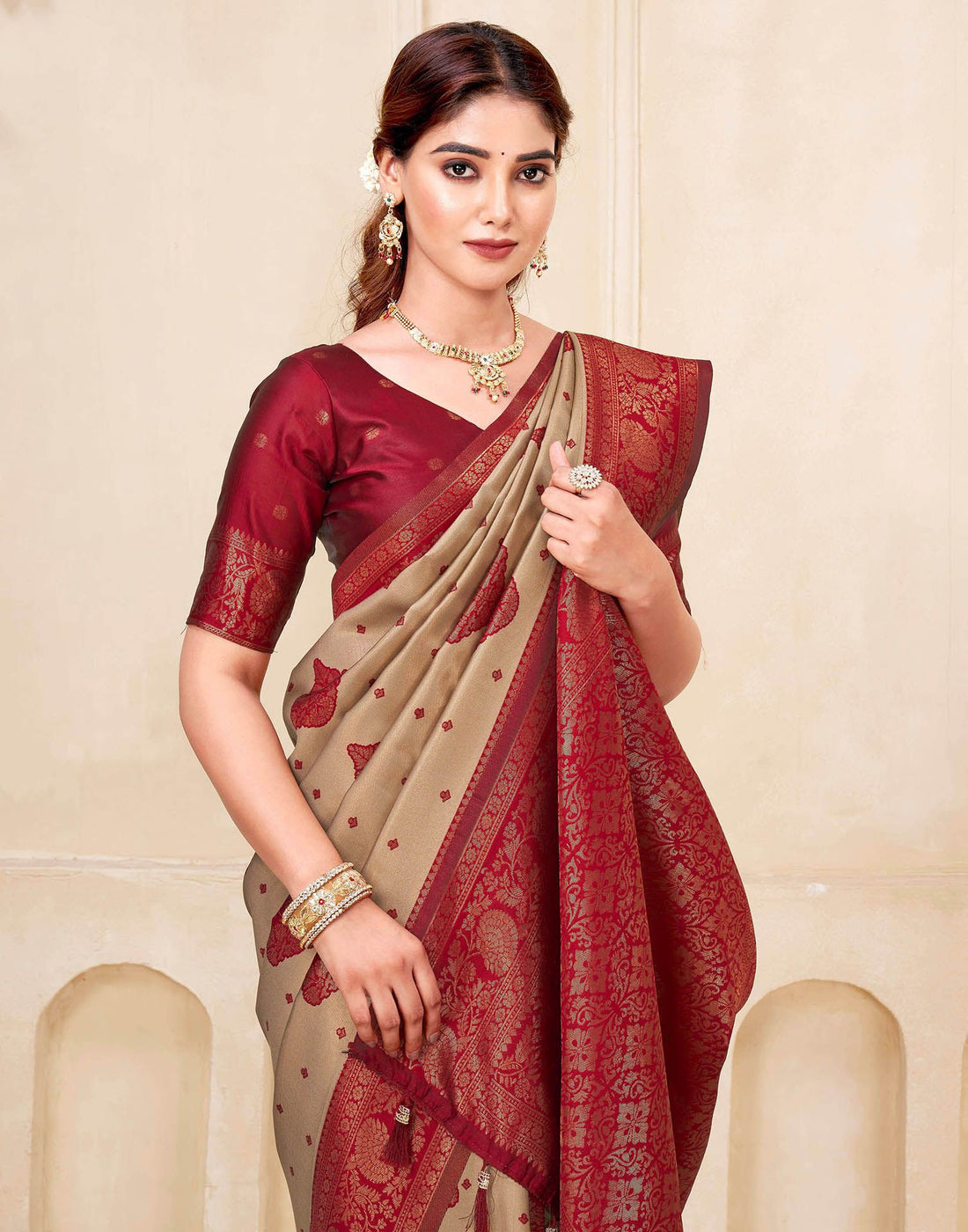 Dark Beige Silk Woven Saree