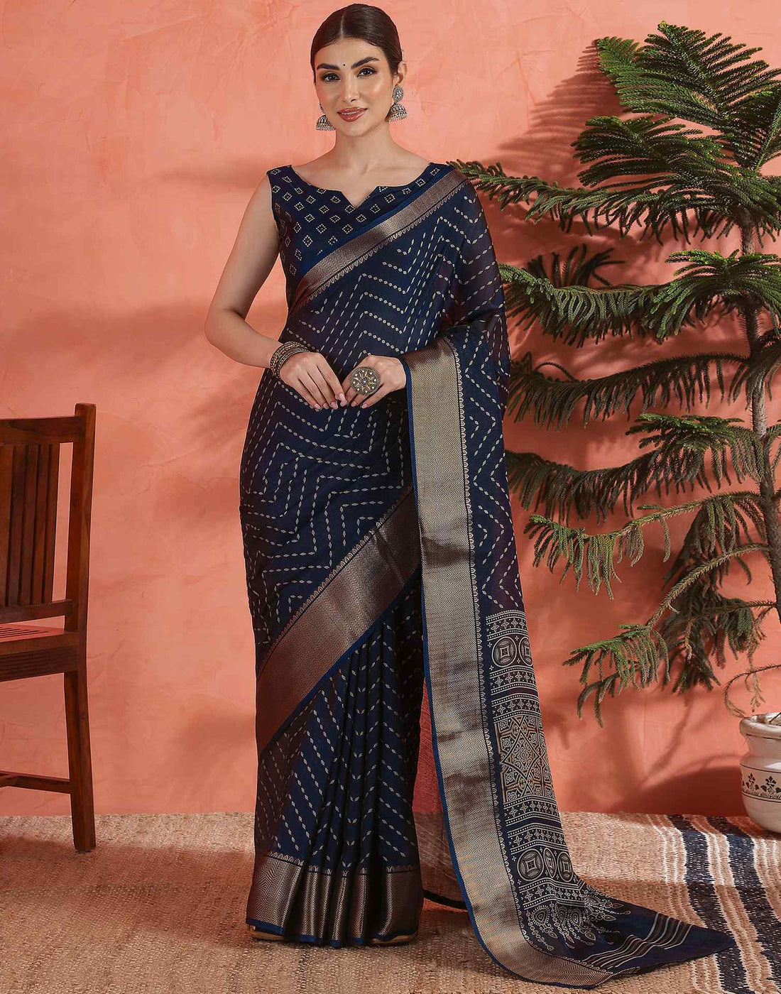 Navy Blue Silk Printed Saree