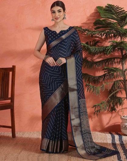 Navy Blue Silk Printed Saree
