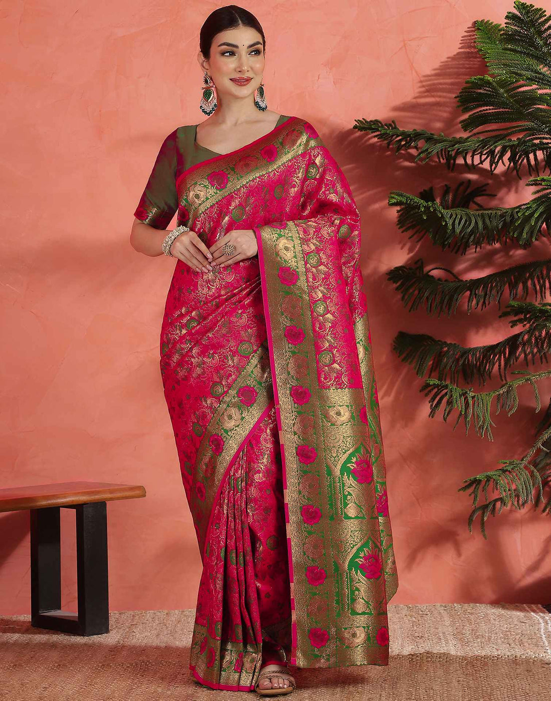 Bright Pink Silk Woven Banarasi Saree