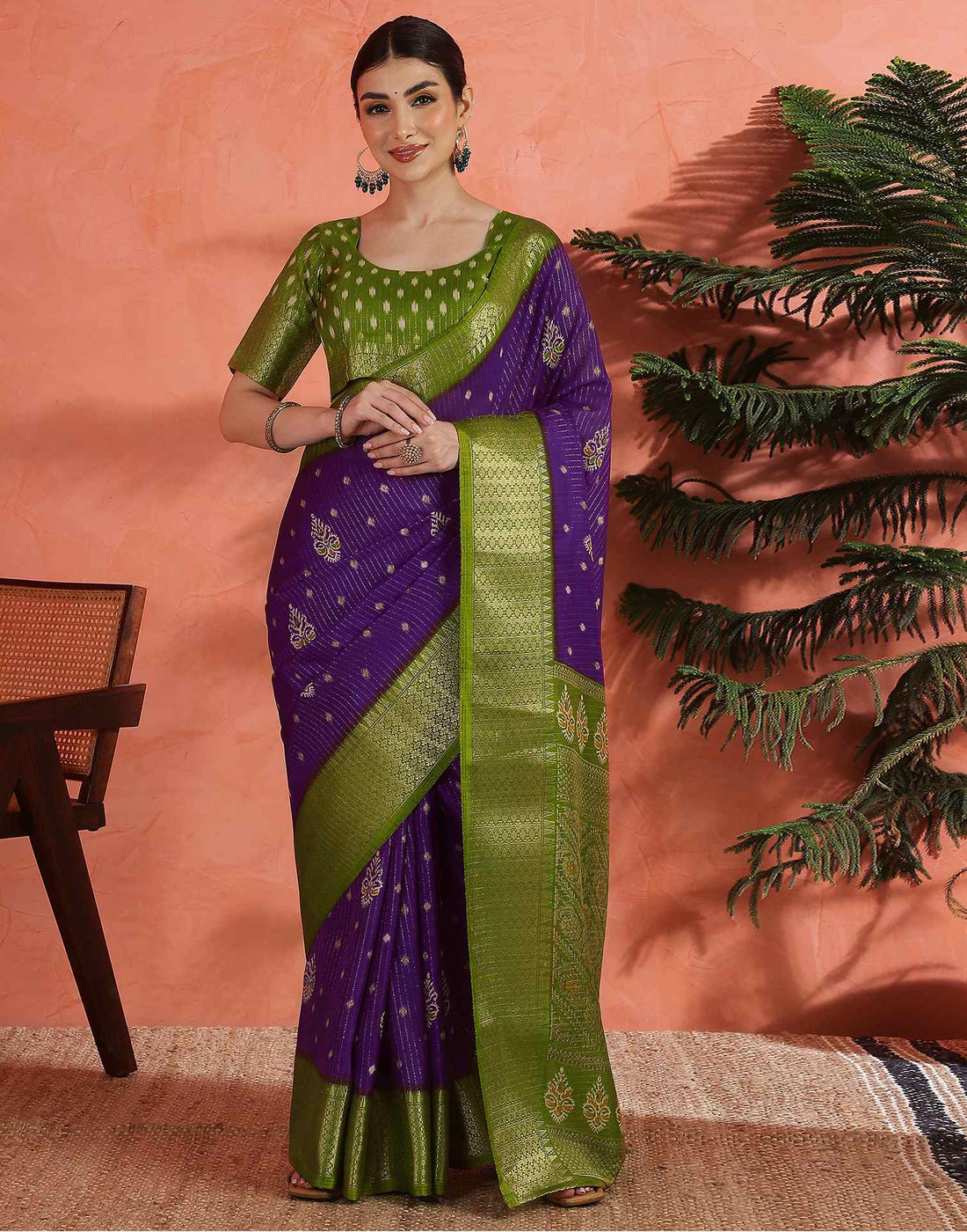 Deep Violet Silk Printed Zari Stripe Saree
