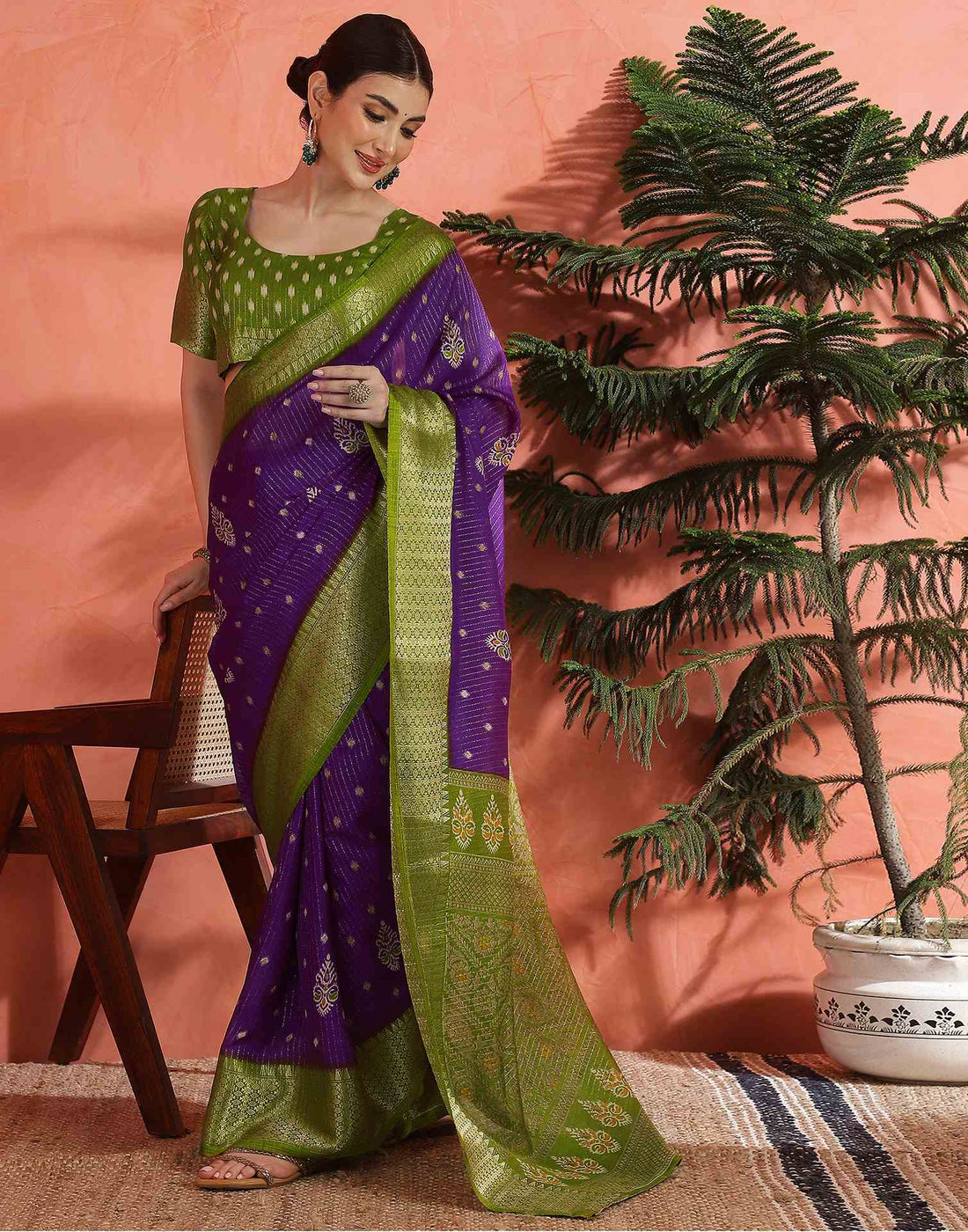 Deep Violet Silk Printed Zari Stripe Saree