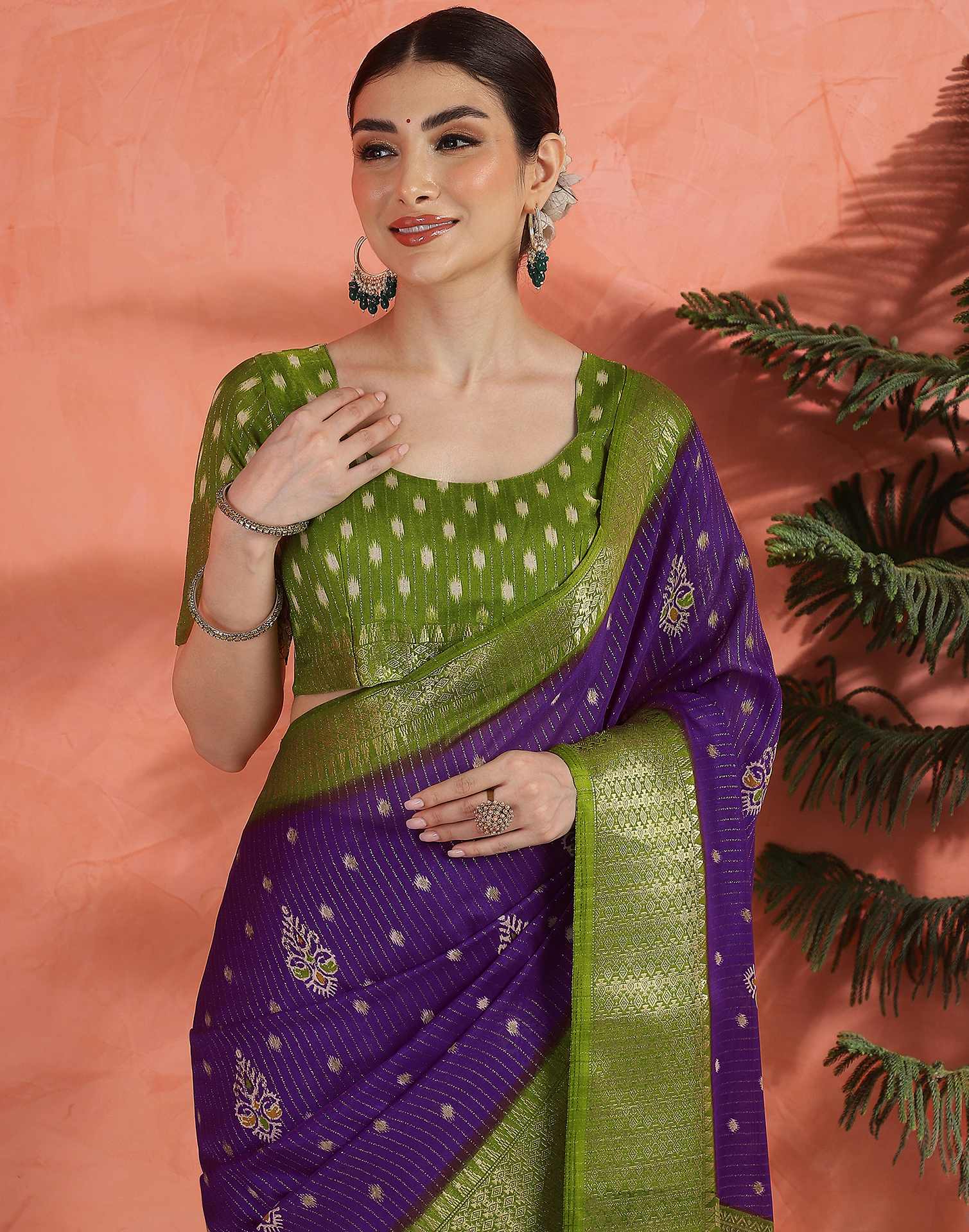 Deep Violet Silk Printed Zari Stripe Saree