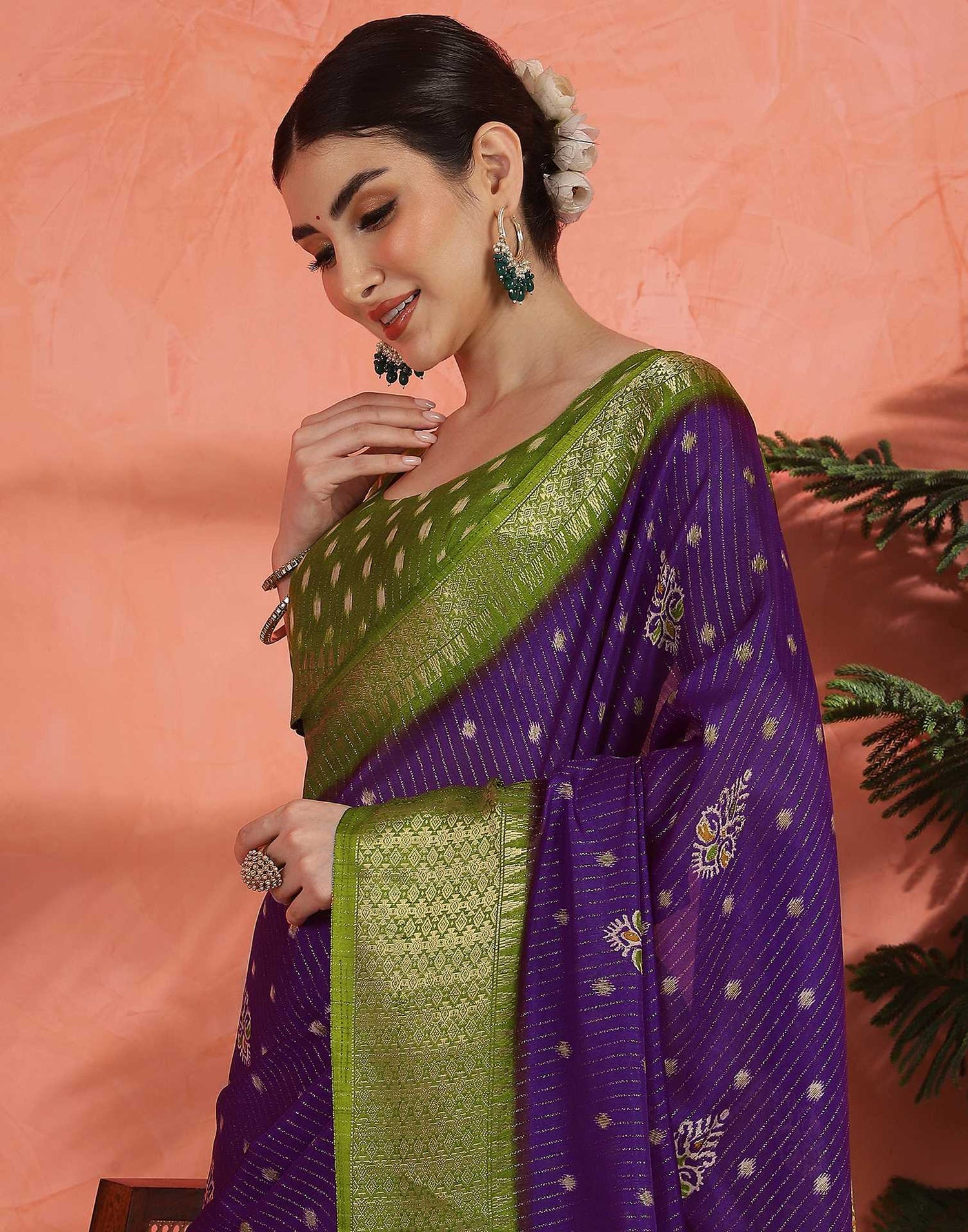 Deep Violet Silk Printed Zari Stripe Saree
