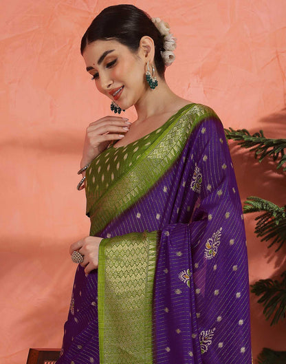 Deep Violet Silk Printed Zari Stripe Saree