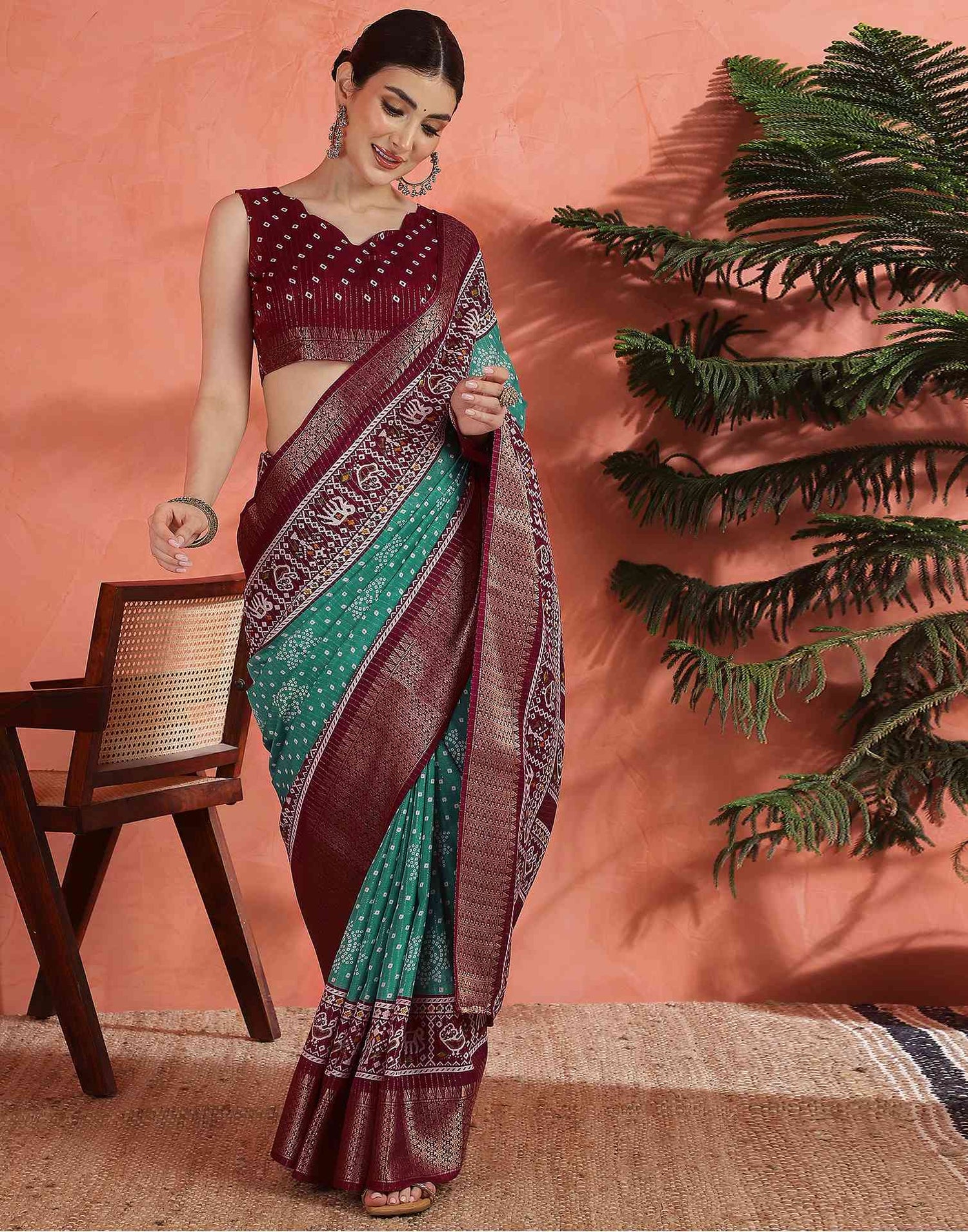 Teal Green Silk Bandhani Printed Saree
