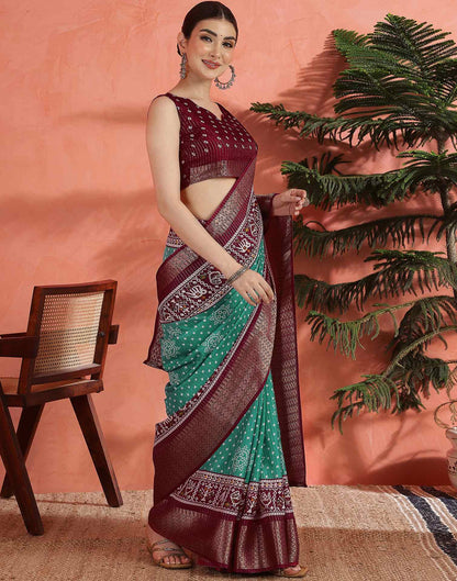 Teal Green Silk Bandhani Printed Saree