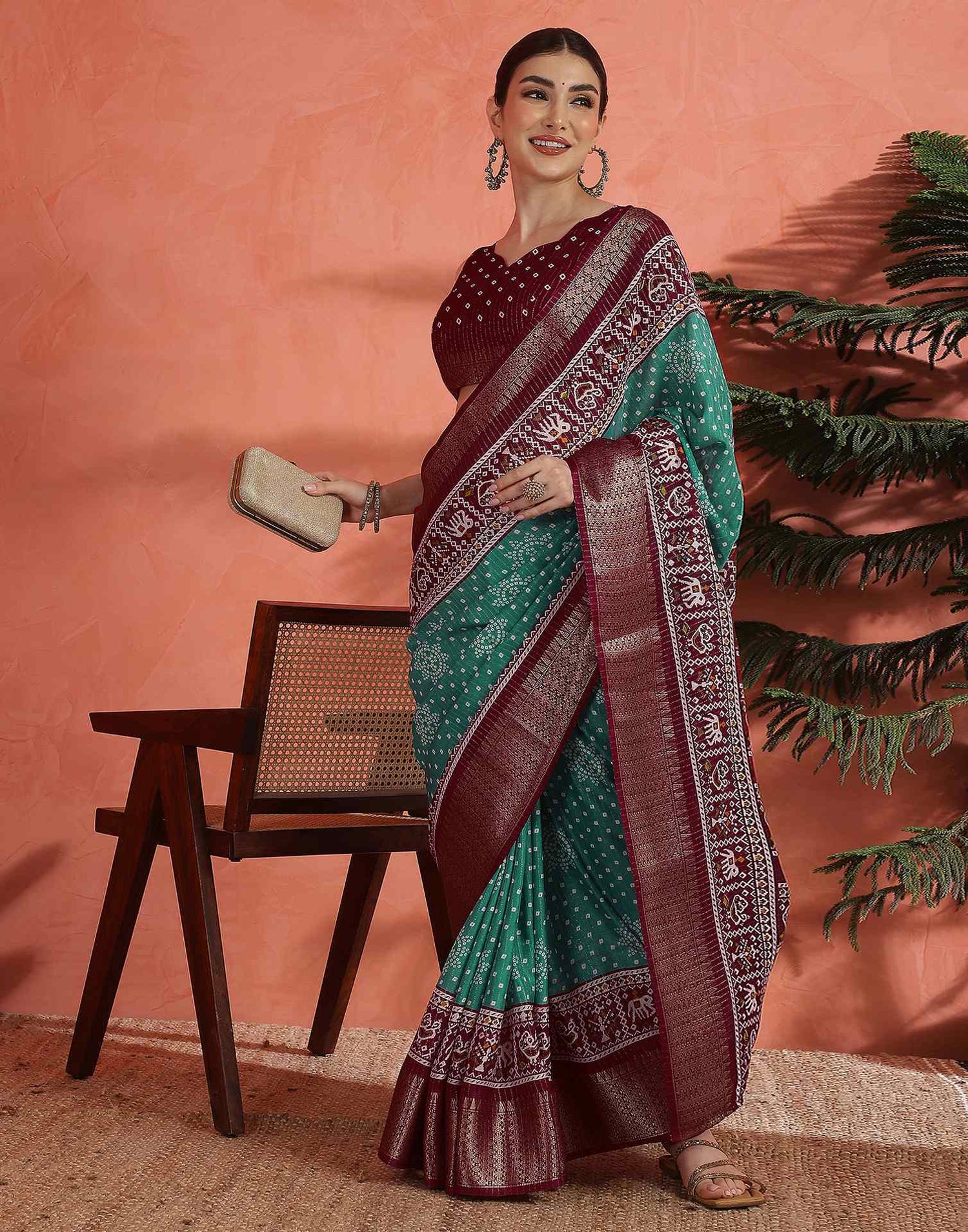 Teal Green Silk Bandhani Printed Saree