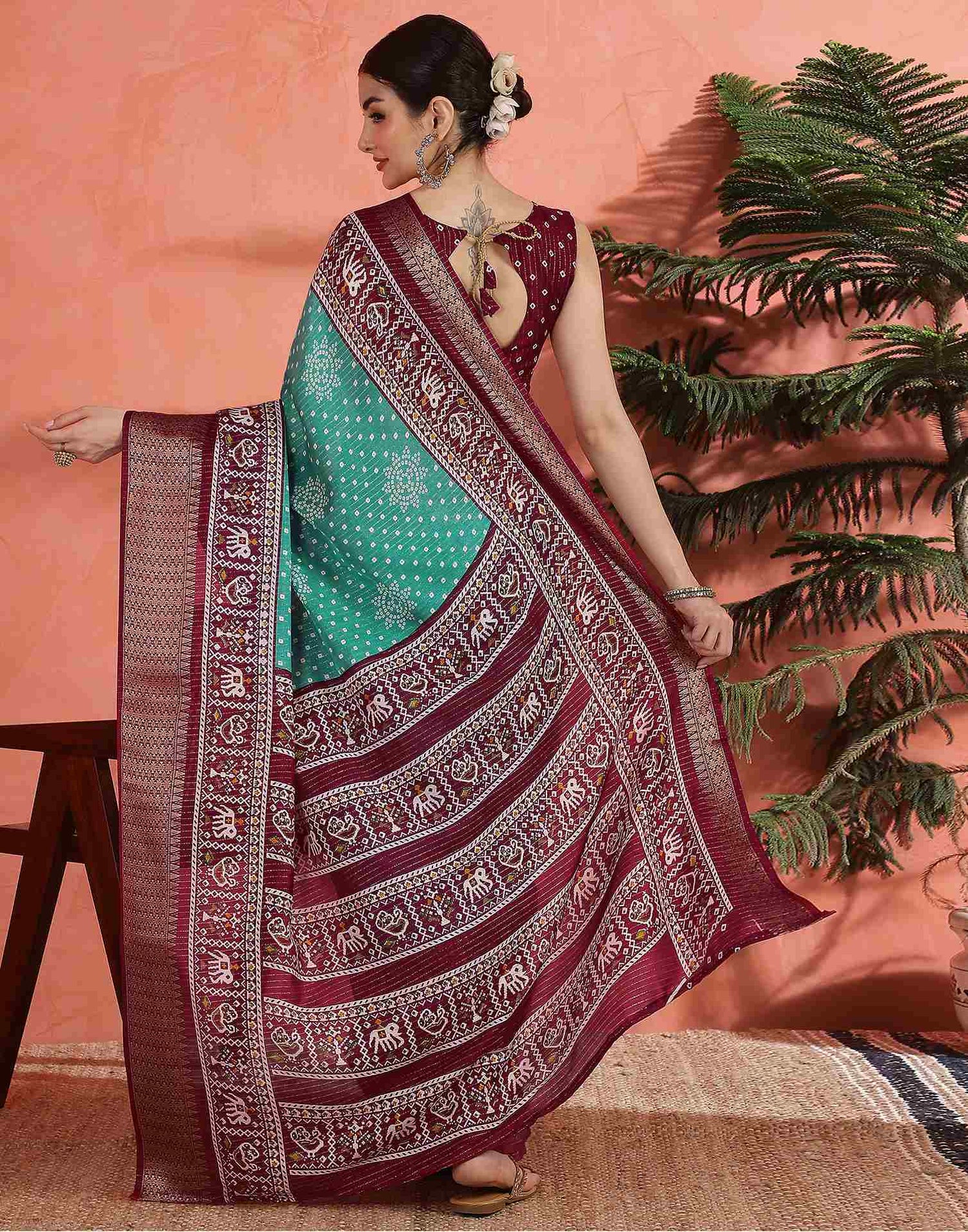 Teal Green Silk Bandhani Printed Saree