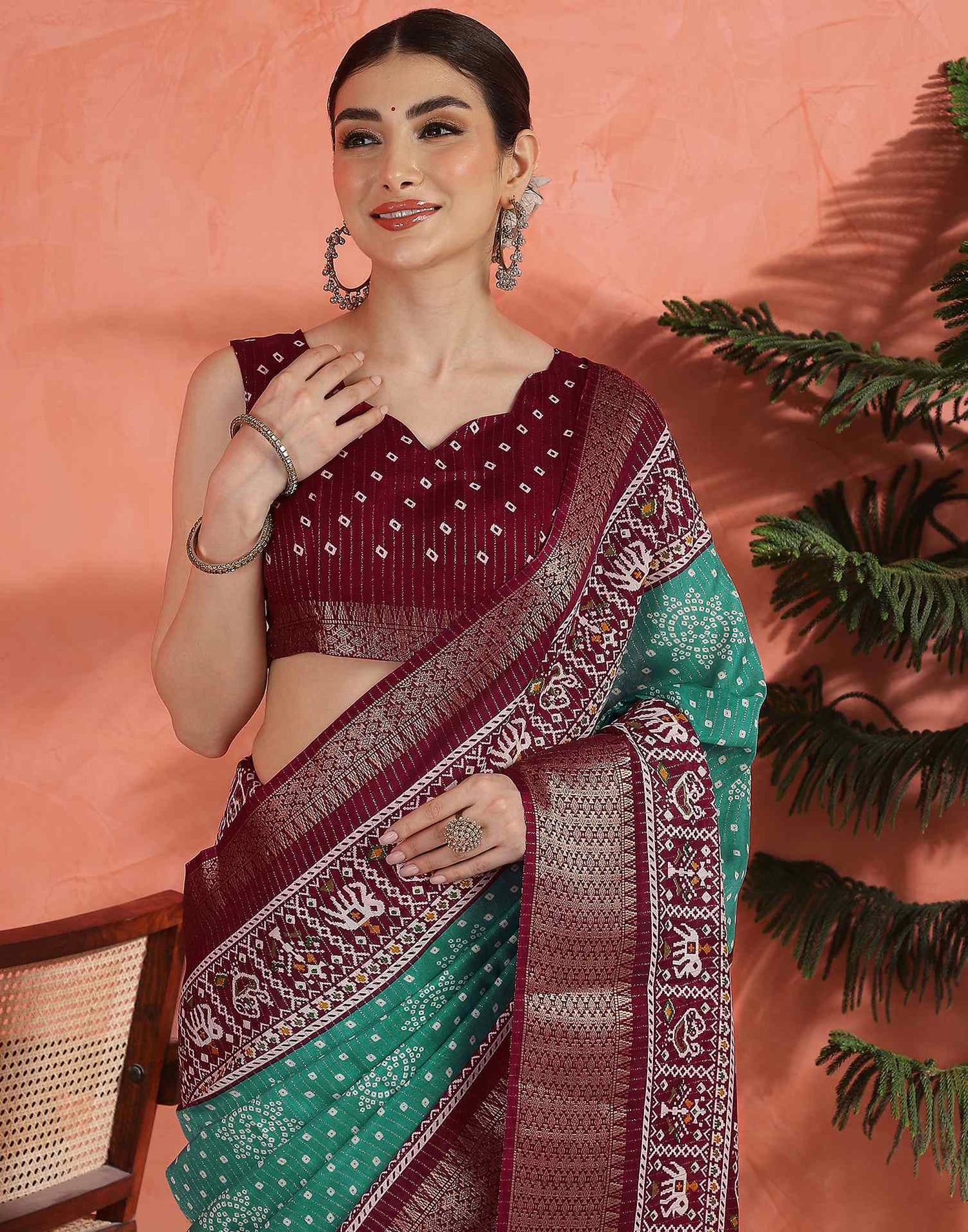 Teal Green Silk Bandhani Printed Saree