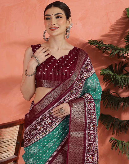 Teal Green Silk Bandhani Printed Saree