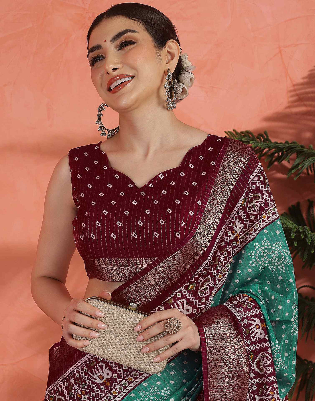 Teal Green Silk Bandhani Printed Saree
