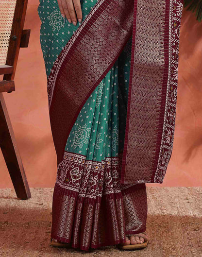 Teal Green Silk Bandhani Printed Saree