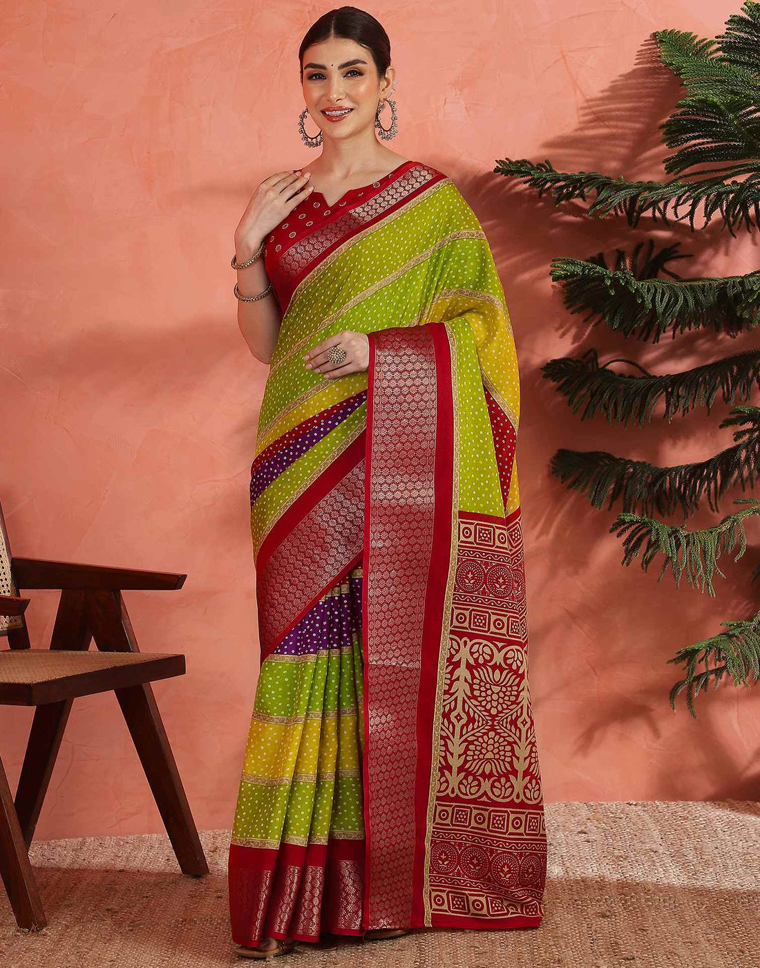 Multicoloured Silk Bandhani Printed Saree