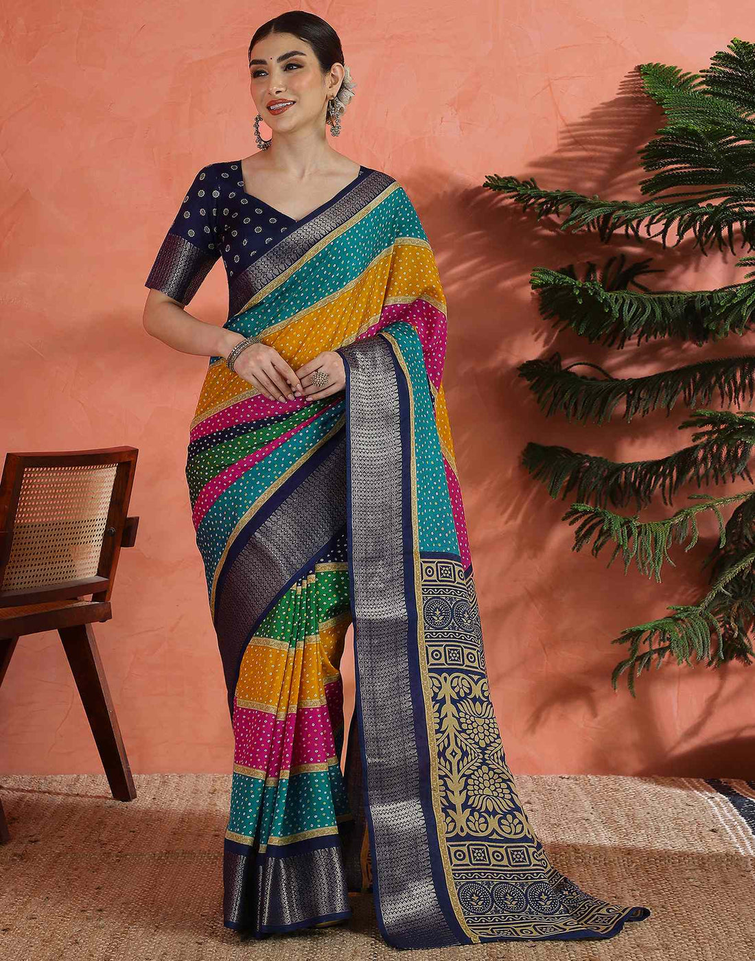 Multicoloured Silk Printed Bandhani Saree