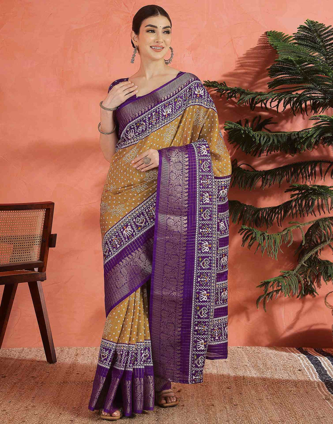 Light Brown Silk Printed Bandhani Saree