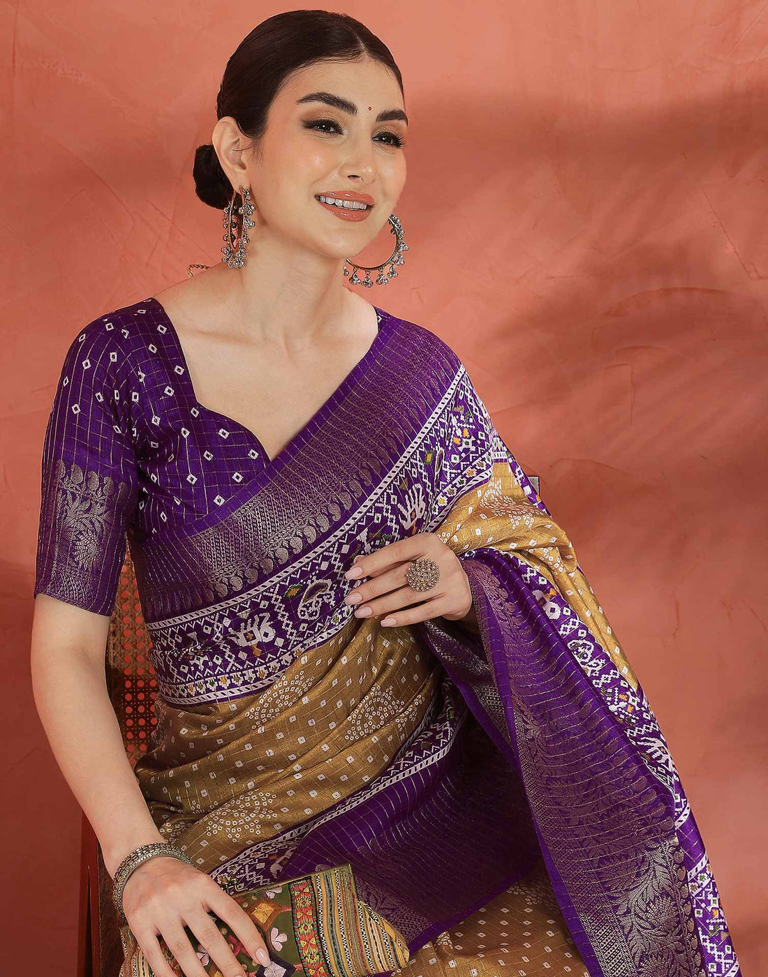 Light Brown Silk Printed Bandhani Saree