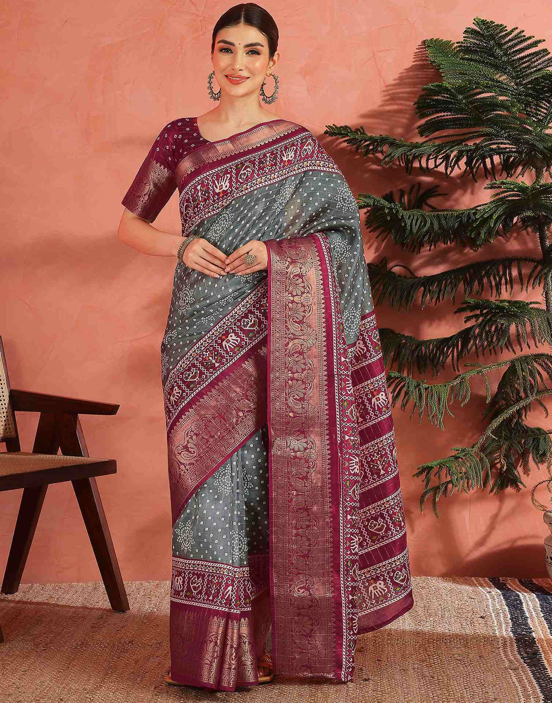 Grey Silk Bandhani Printed Saree