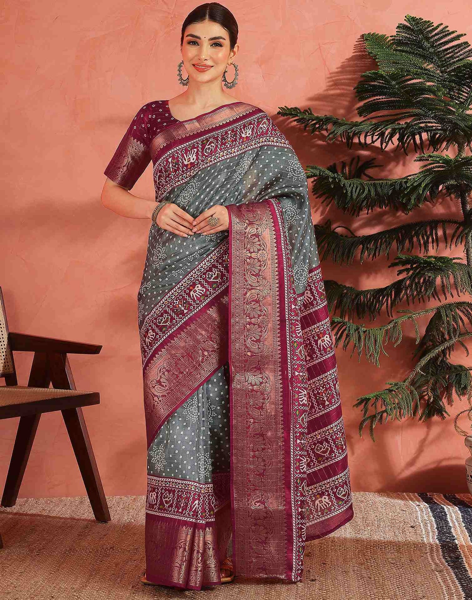 Grey Silk Bandhani Printed Saree
