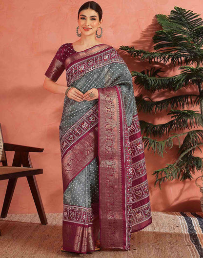 Grey Silk Bandhani Printed Saree