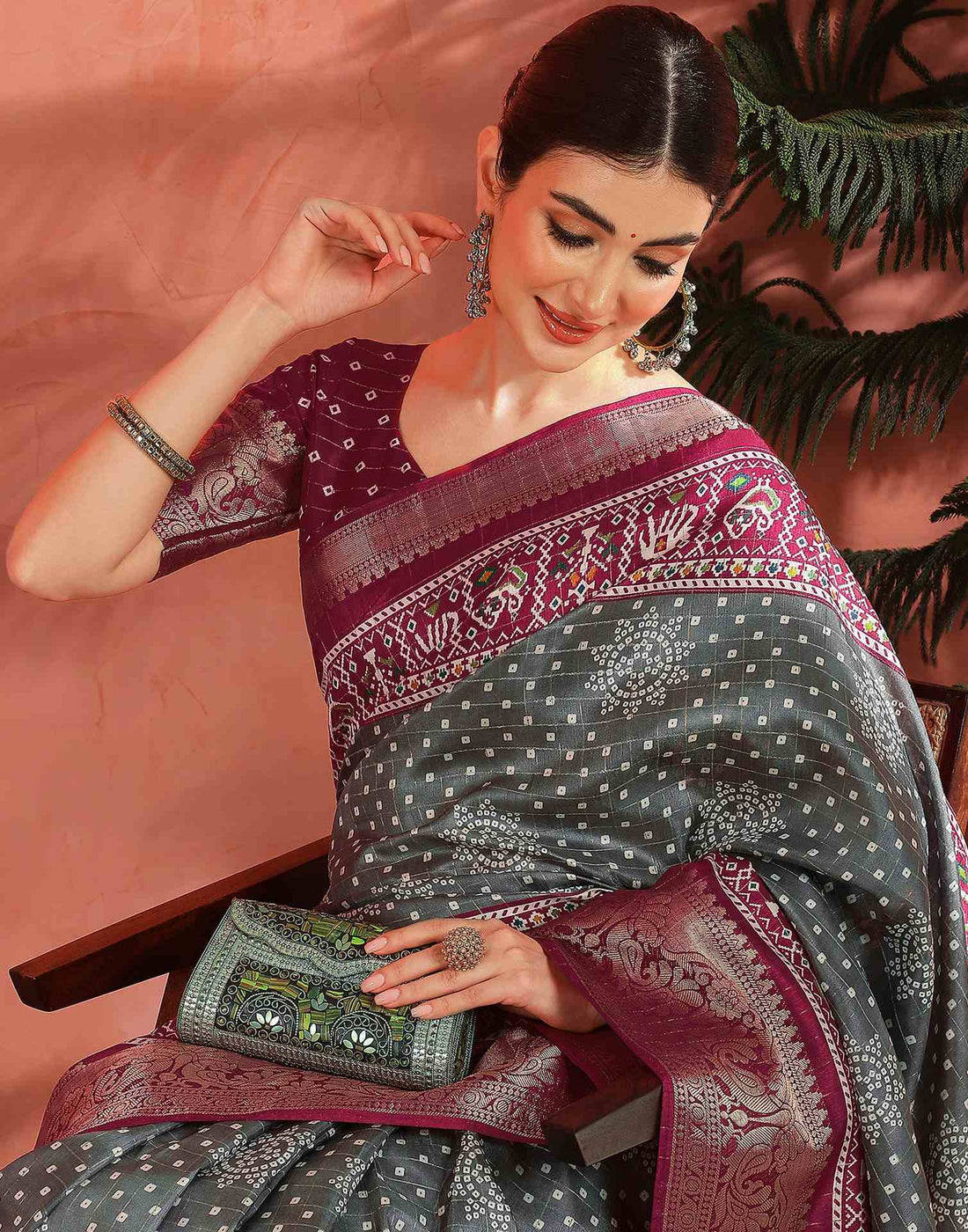 Grey Silk Bandhani Printed Saree