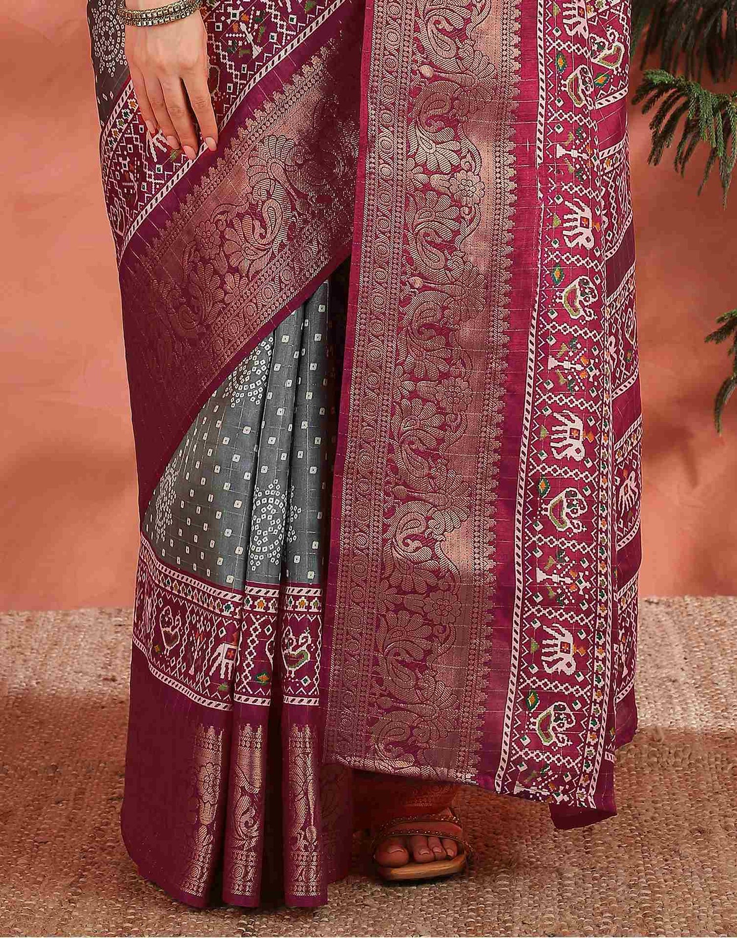 Grey Silk Bandhani Printed Saree