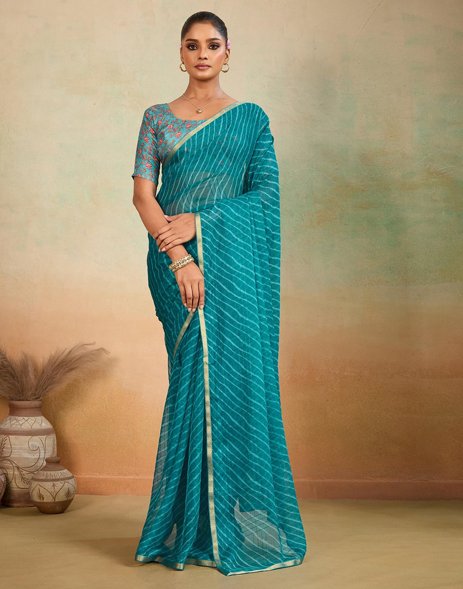 Teal Blue Chiffon Laheriya Saree