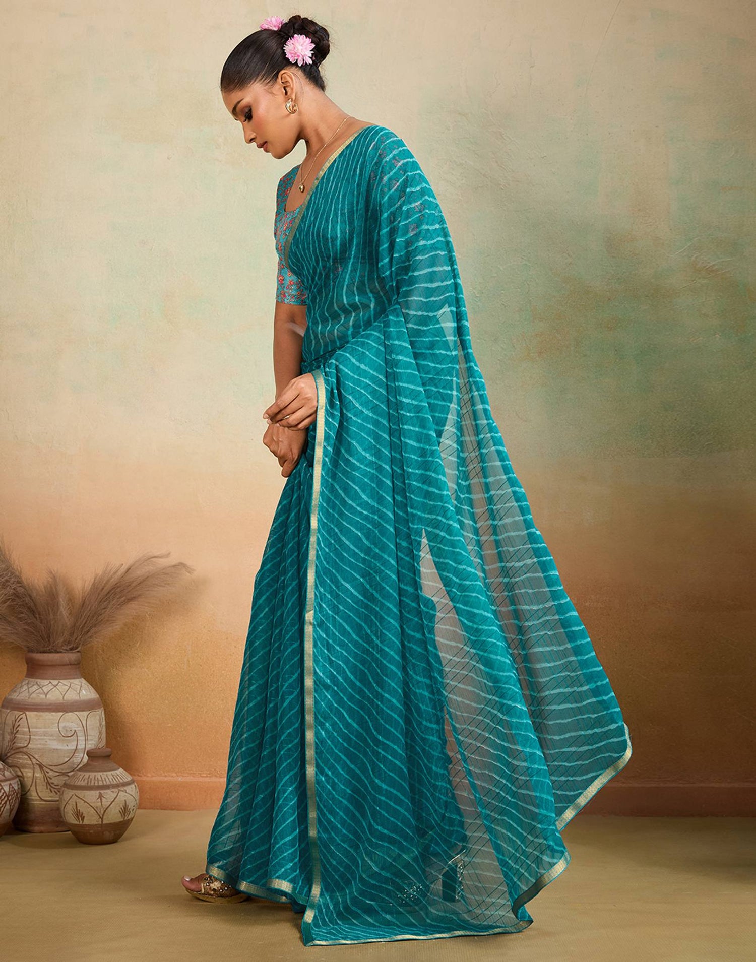 Teal Blue Chiffon Laheriya Saree