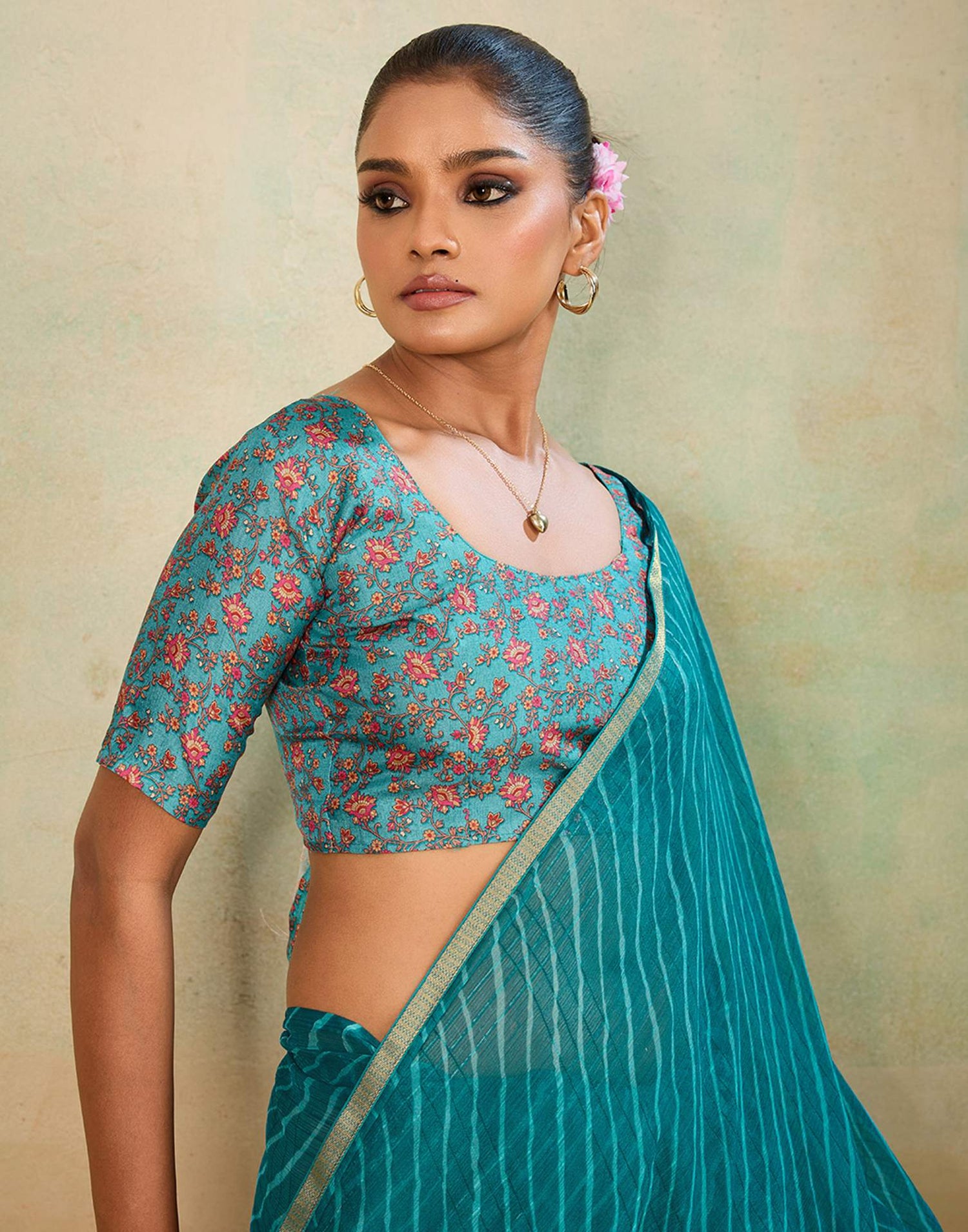 Teal Blue Chiffon Laheriya Saree