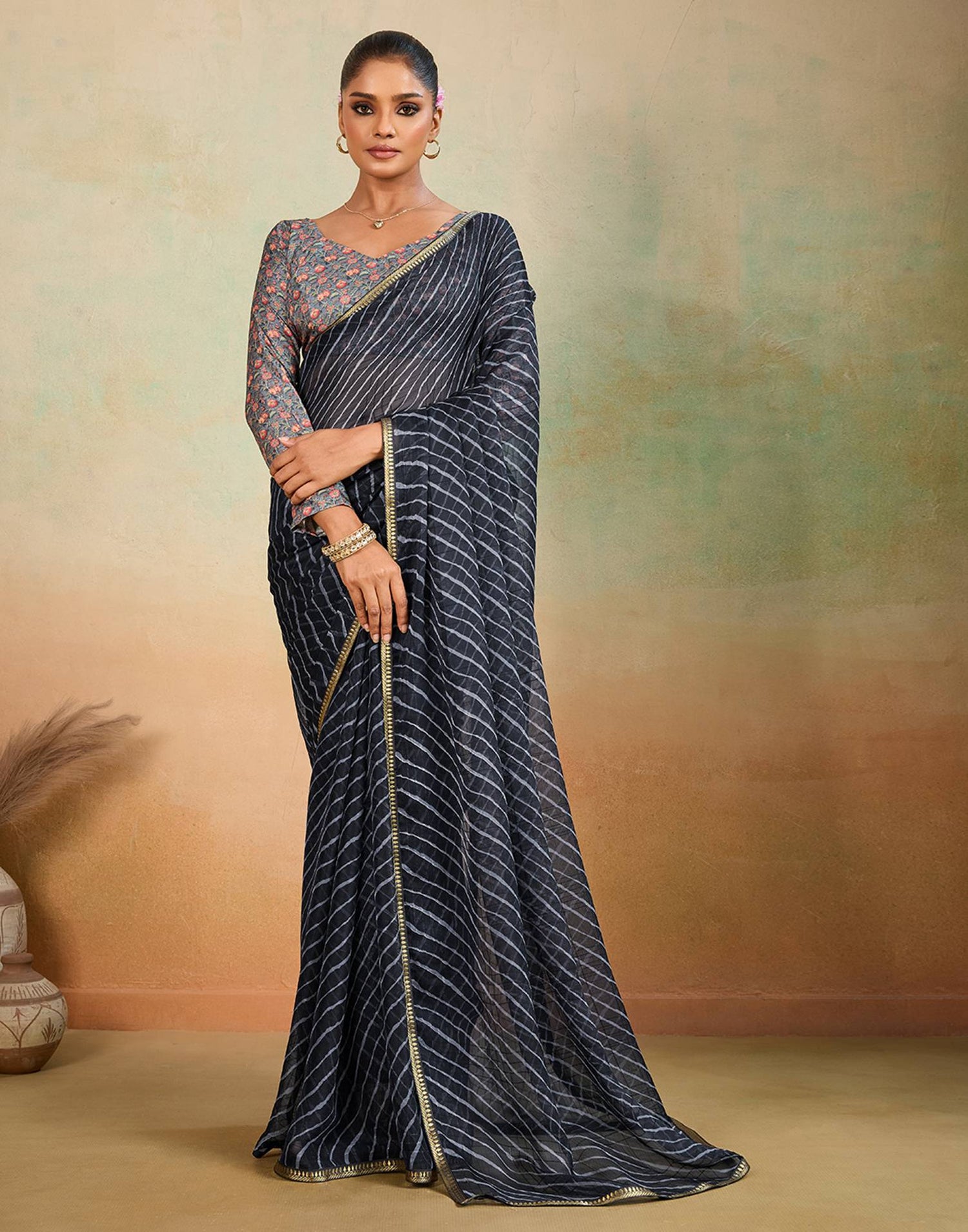 Black Chiffon Laheriya Saree