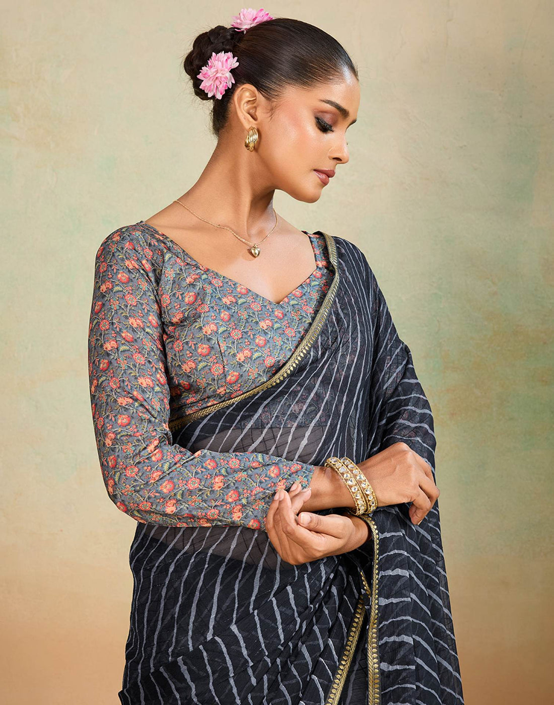 Black Chiffon Laheriya Saree