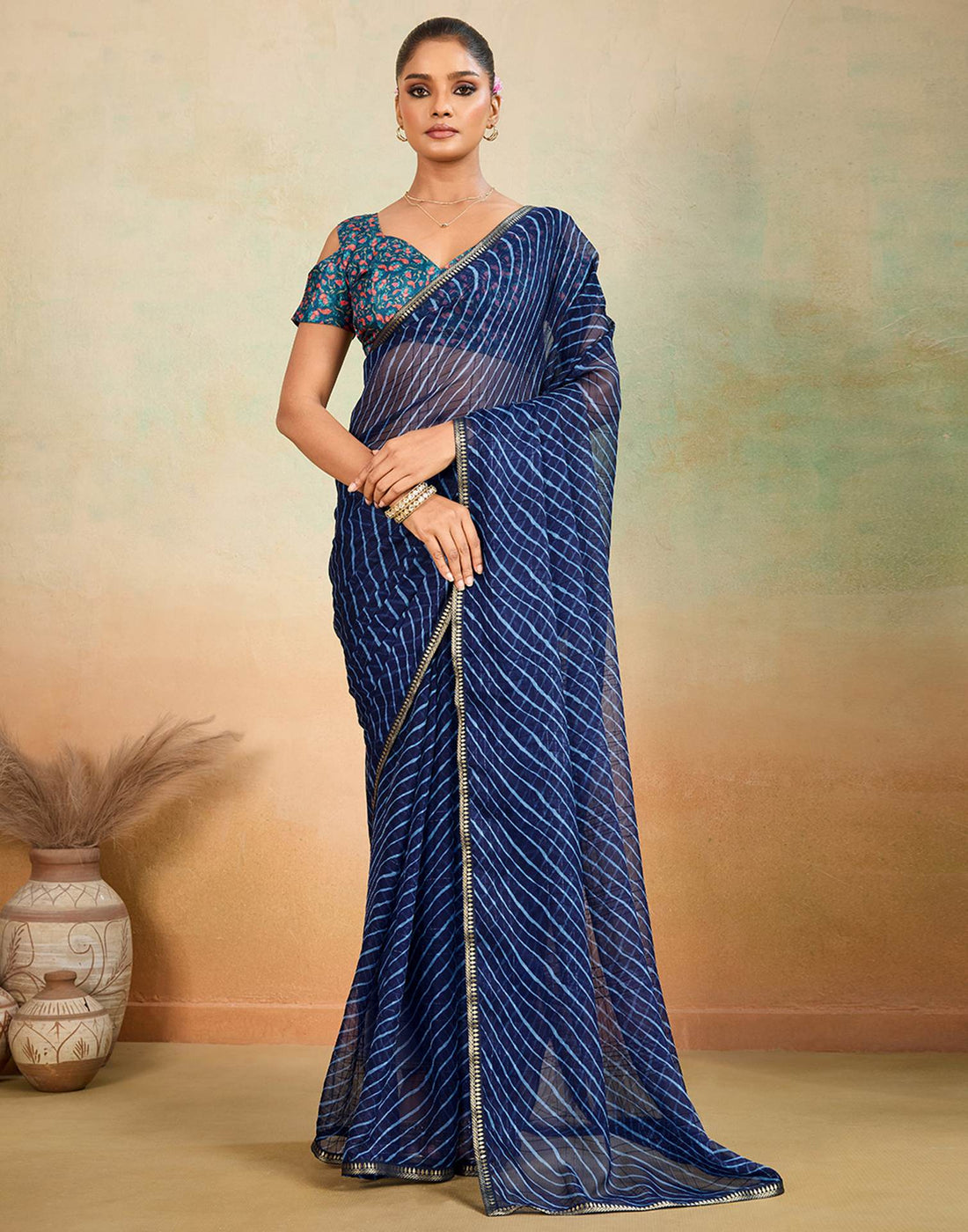 Navy Blue Chiffon Laheriya Saree