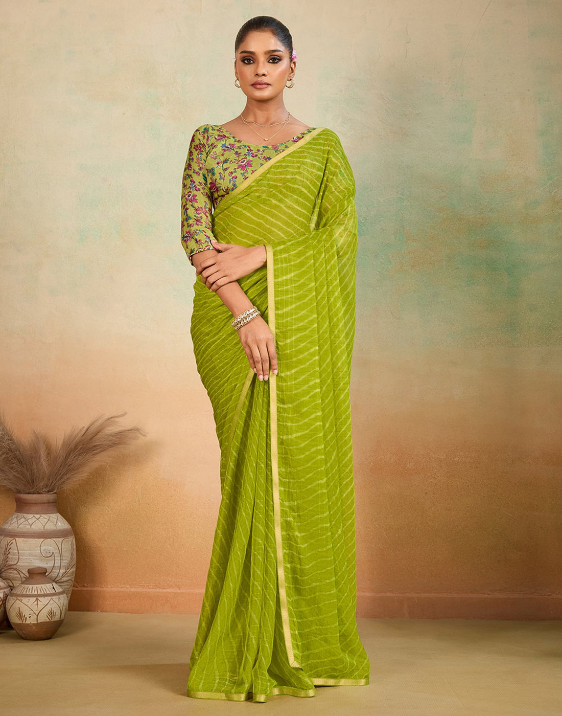 Lime Green Chiffon Laheriya Saree