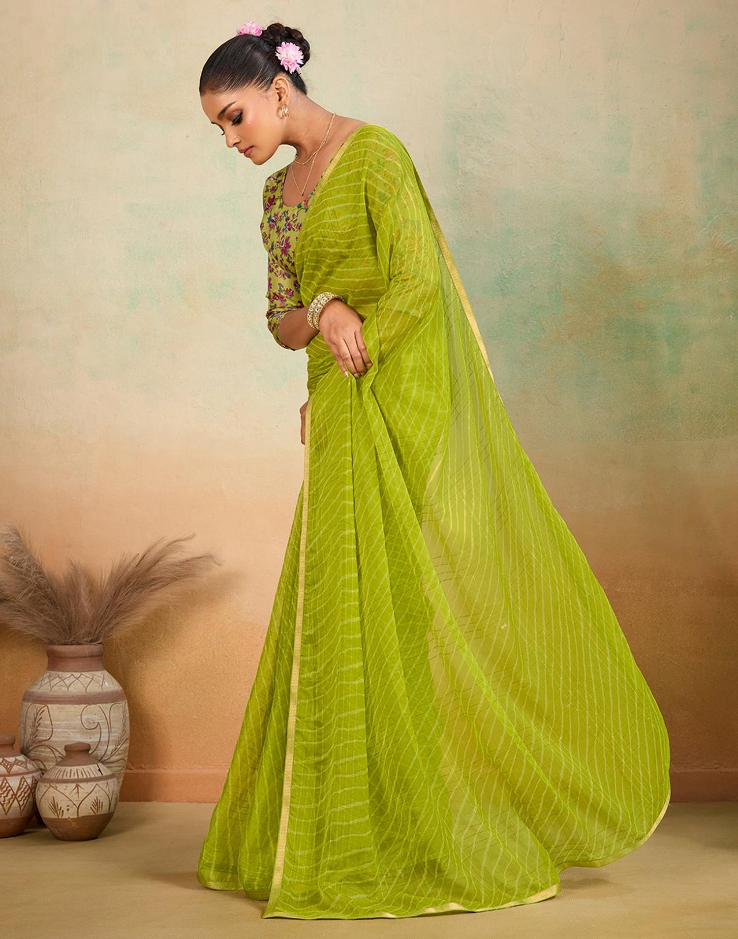 Lime Green Chiffon Laheriya Saree