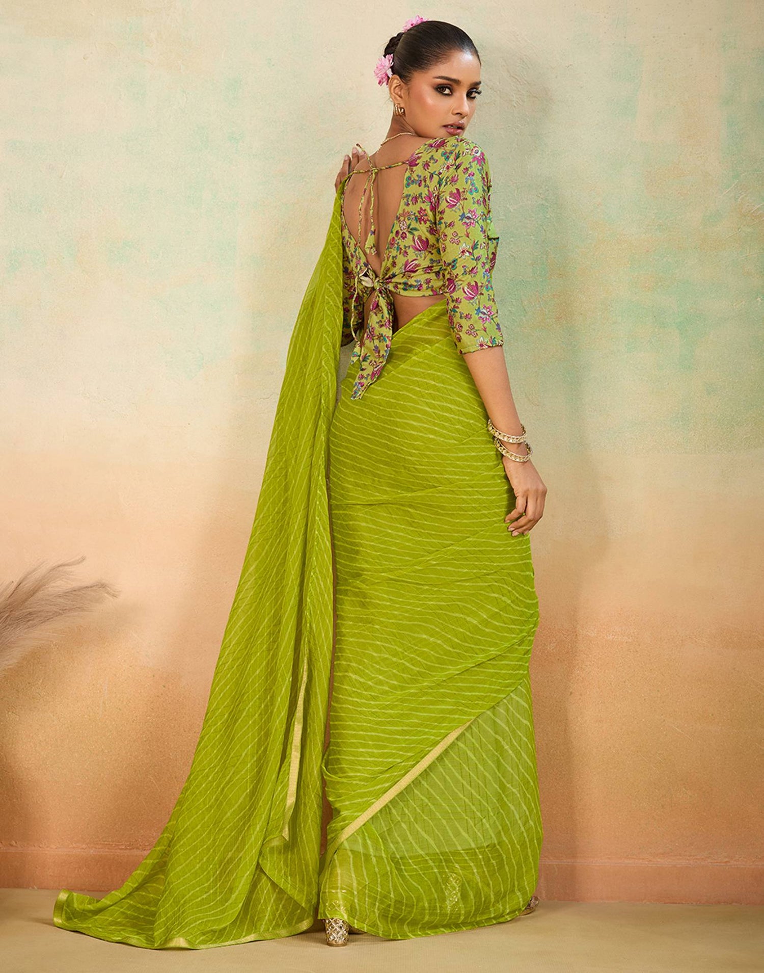Lime Green Chiffon Laheriya Saree