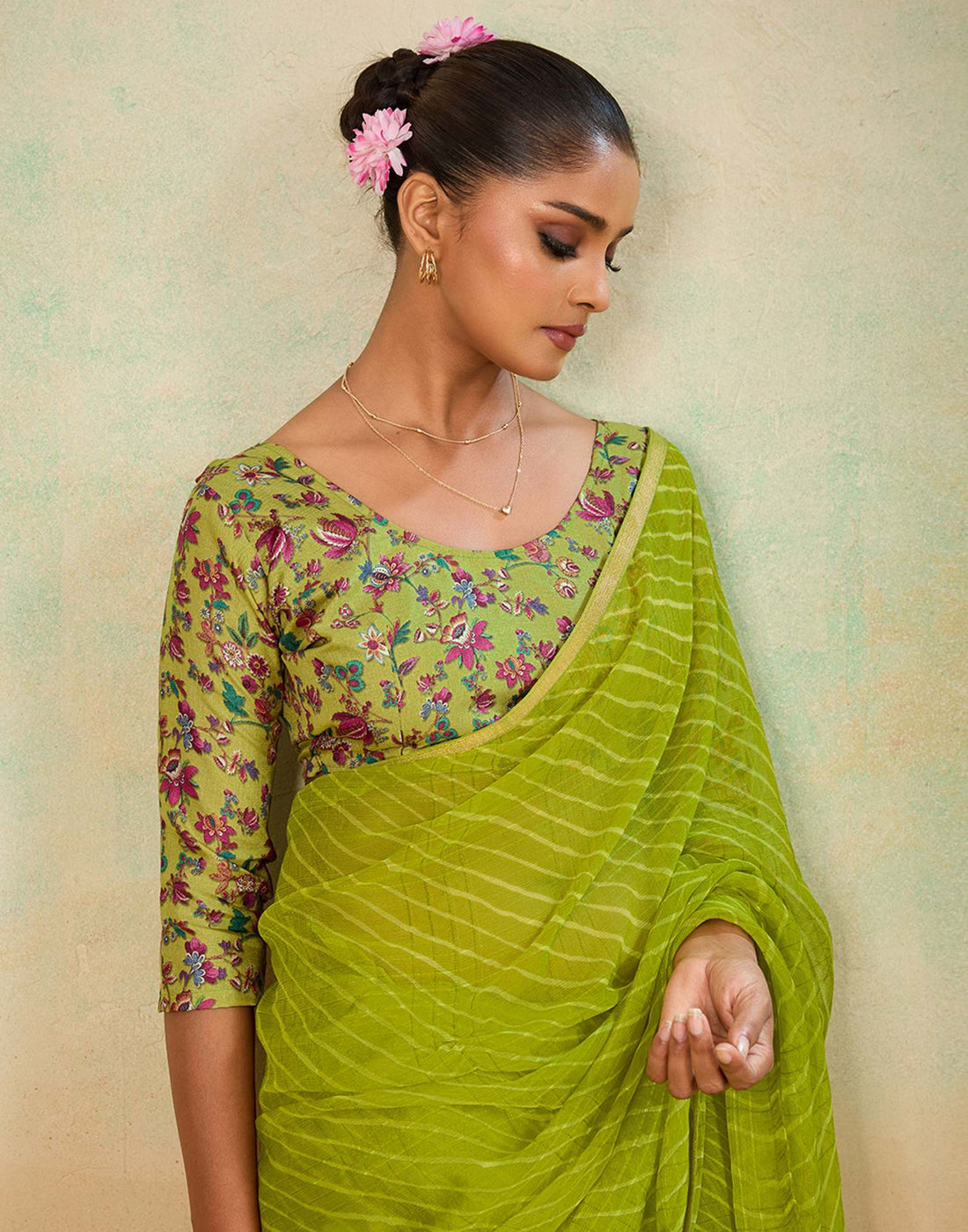 Lime Green Chiffon Laheriya Saree