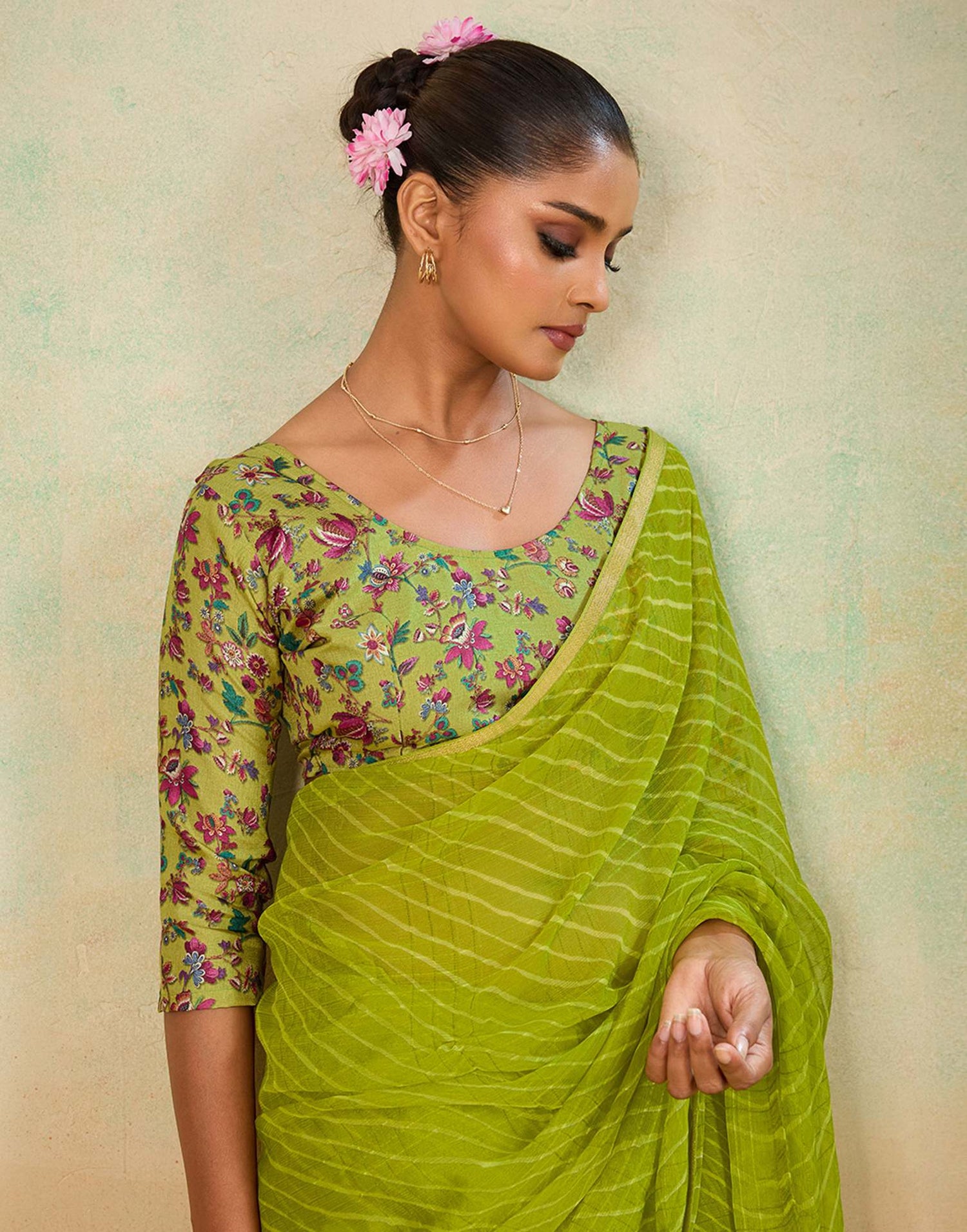 Lime Green Chiffon Laheriya Saree
