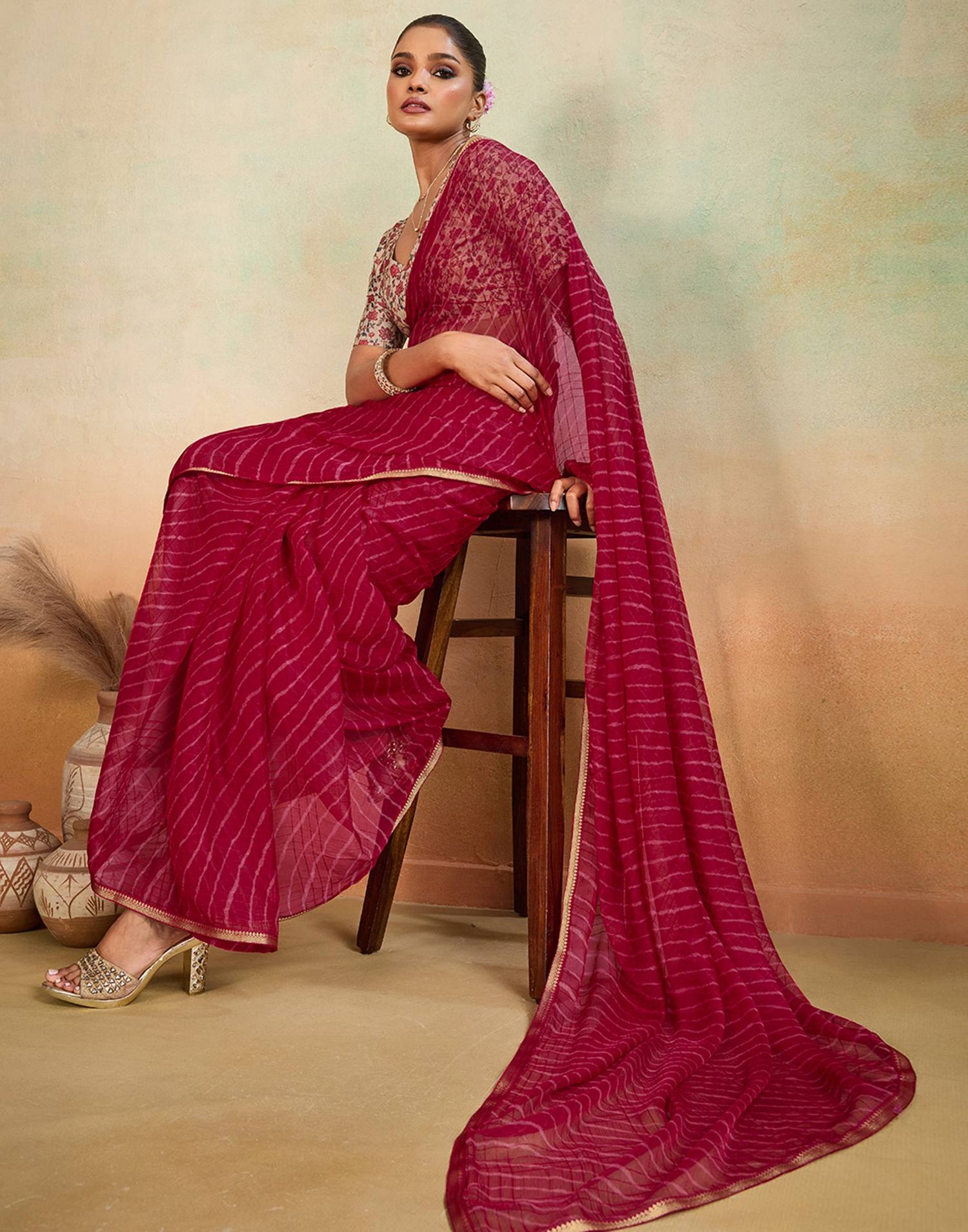 Red Chiffon Laheriya Saree