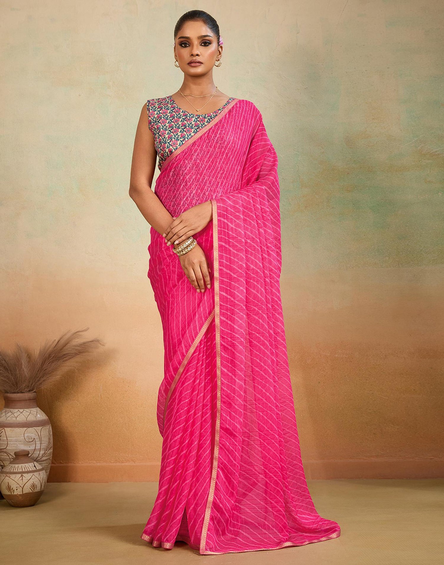 Dark Pink Chiffon Laheriya Saree