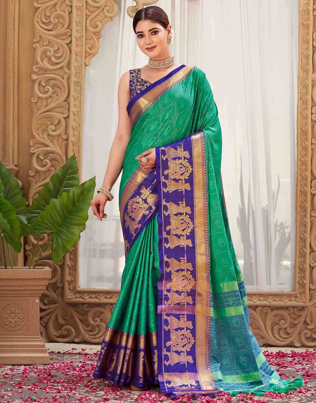 Teal Green Silk Woven Kanjivaram Saree