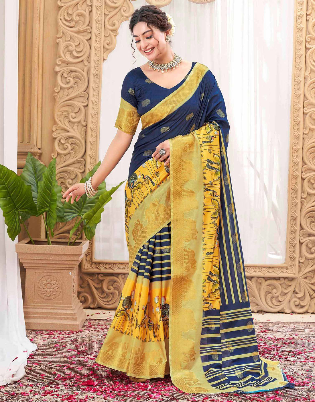 Navy Blue Silk Woven Kanjivaram Saree