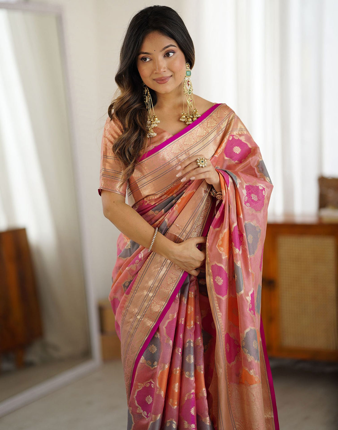 Pink Silk Woven Saree