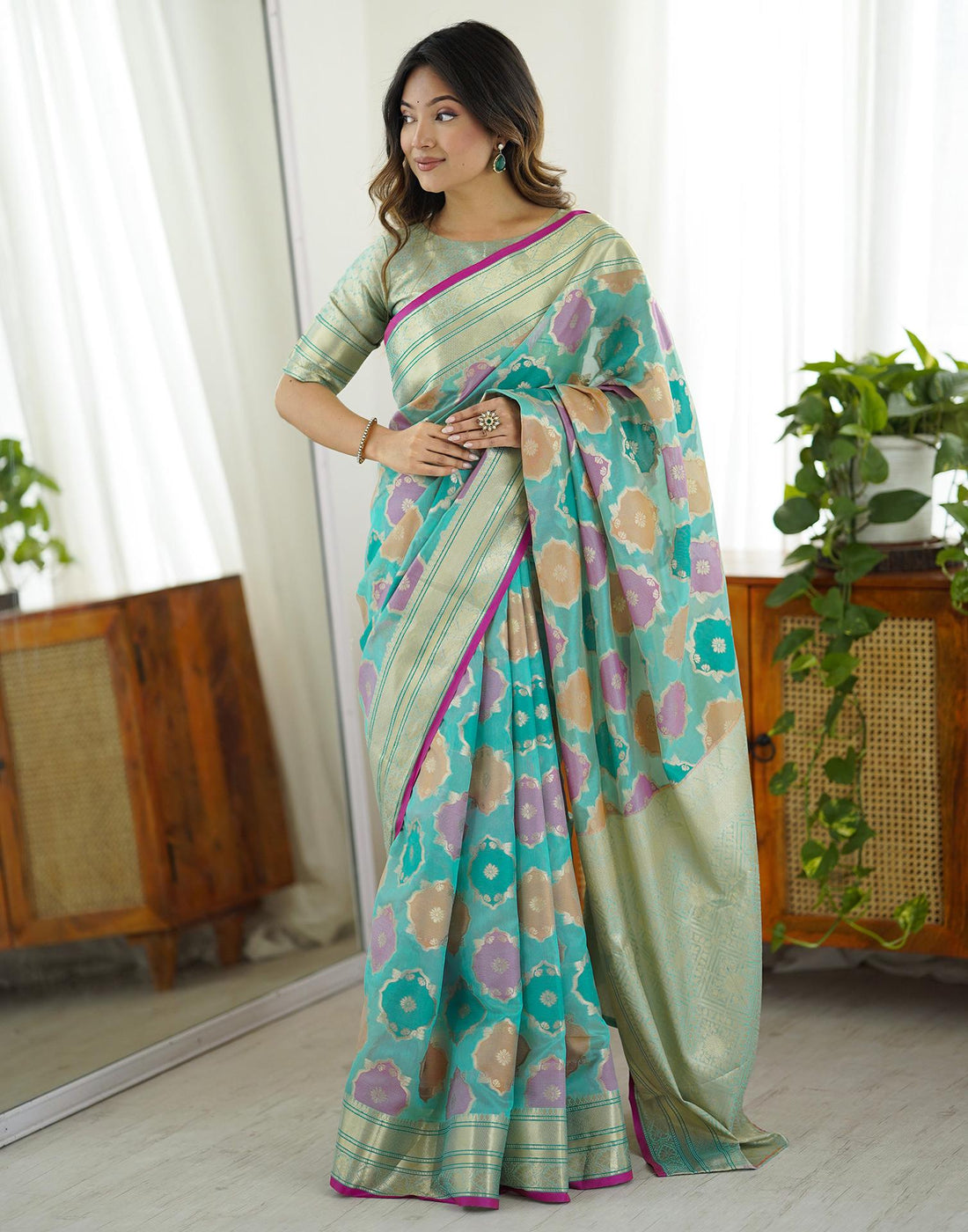 Light Turquoise Silk Woven Saree