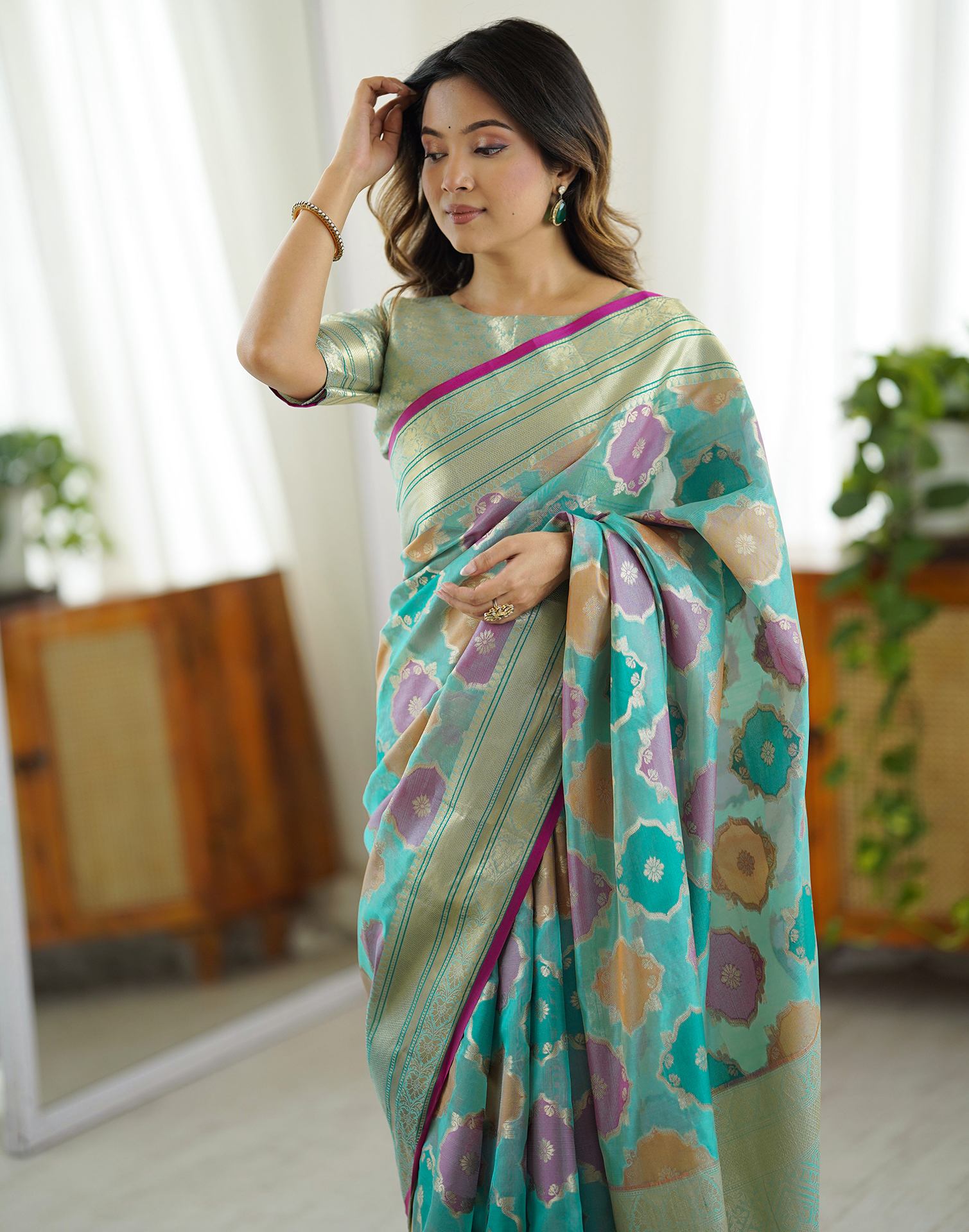 Light Turquoise Silk Woven Saree