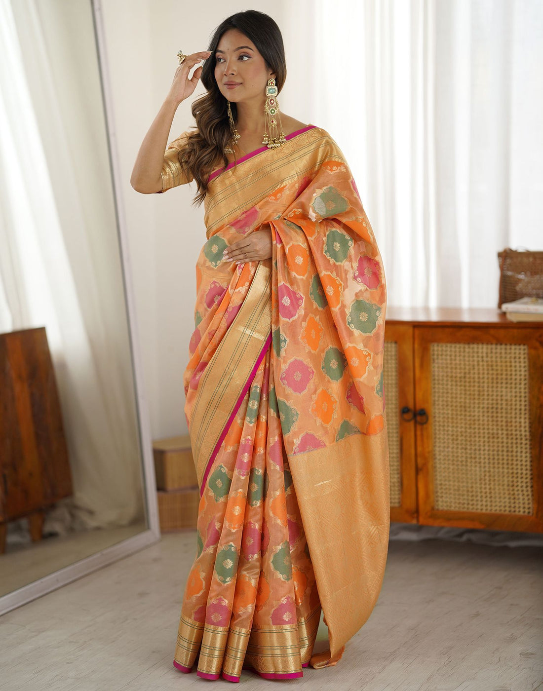 Peach Silk Woven Saree