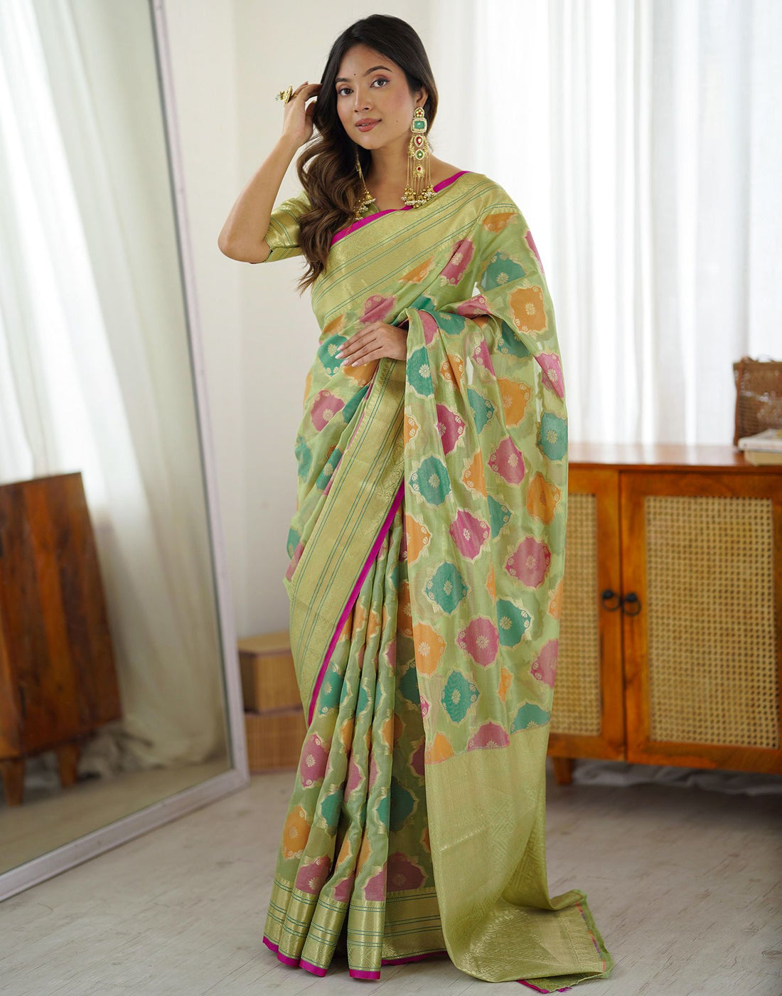 Pista Green Silk Woven Saree