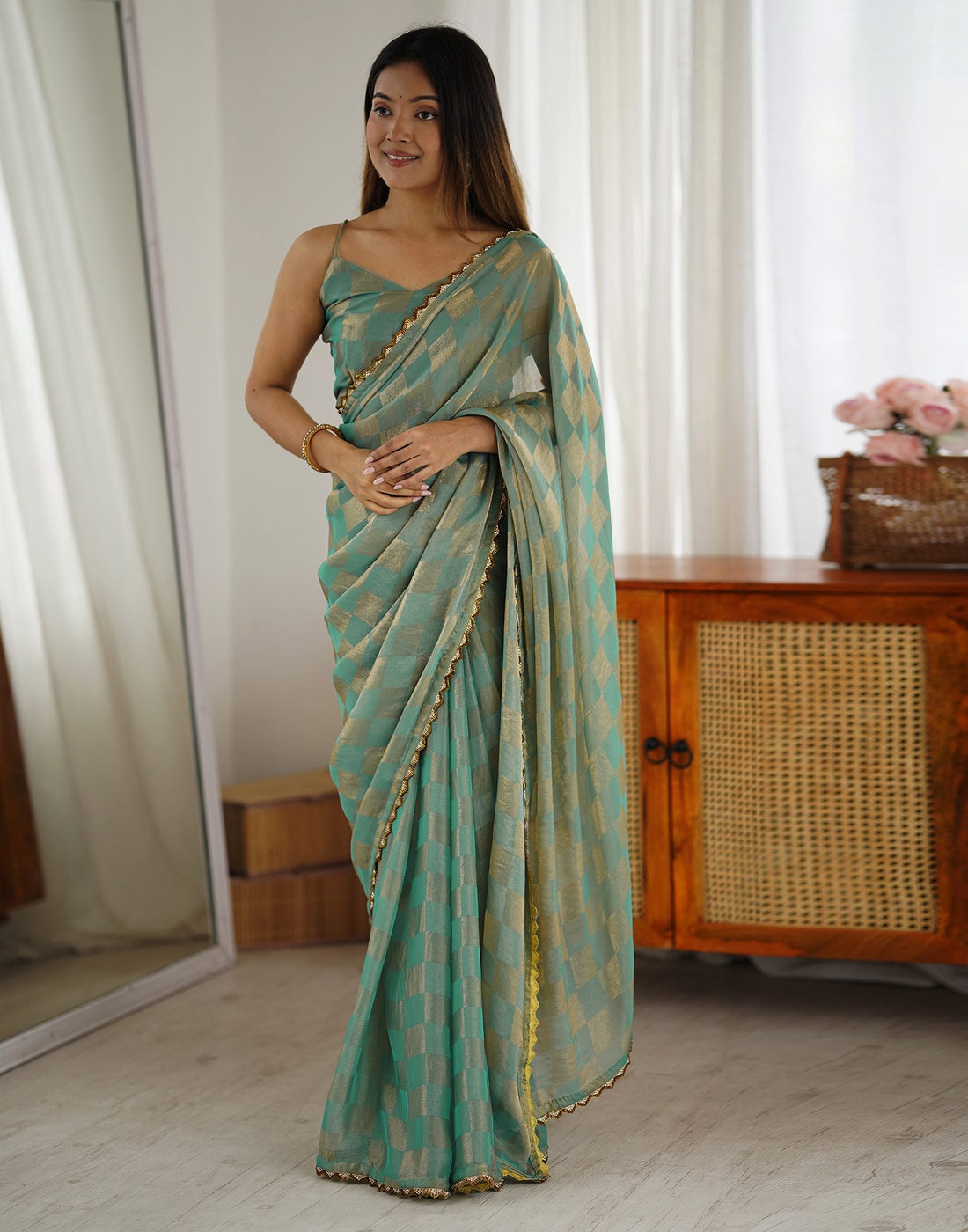 Teal Green Shimmer Woven Saree
