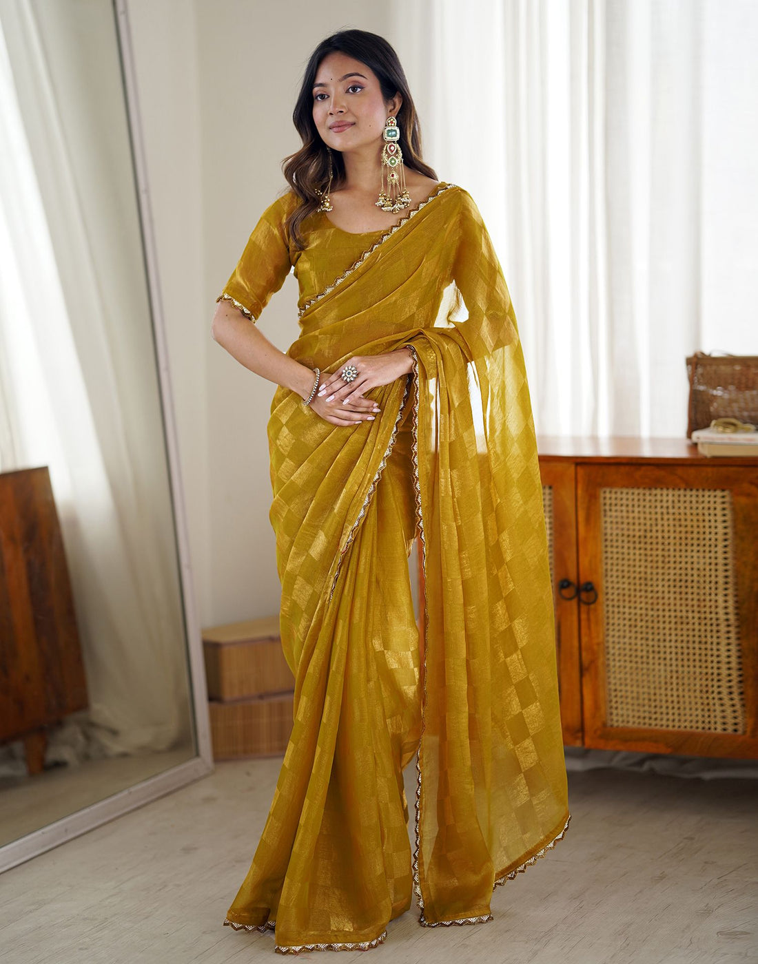 Mustard Yellow Shimmer Woven Saree