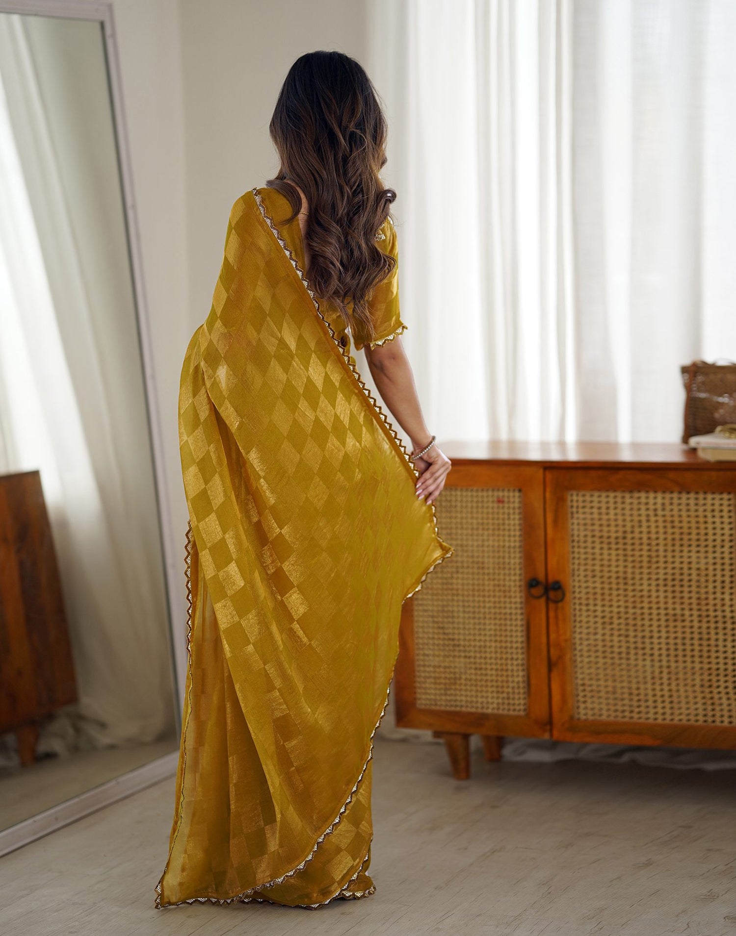 Mustard Yellow Shimmer Woven Saree